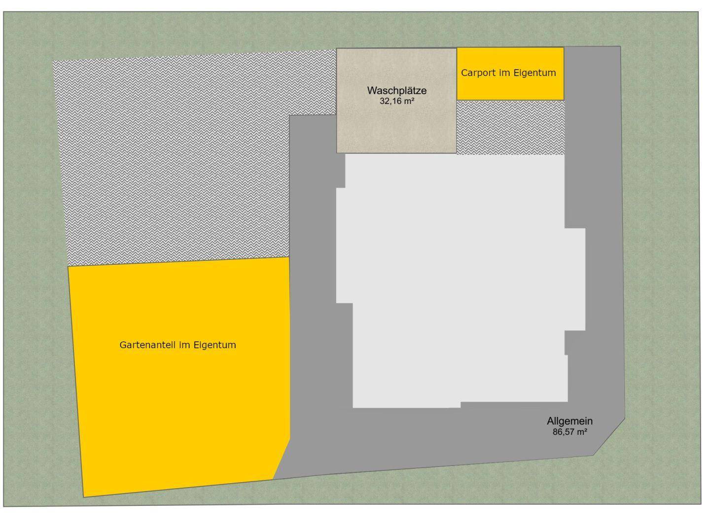Lageplan des Grundstücks mit Gartenanteil, Waschplätzen und Carport im Eigentum.