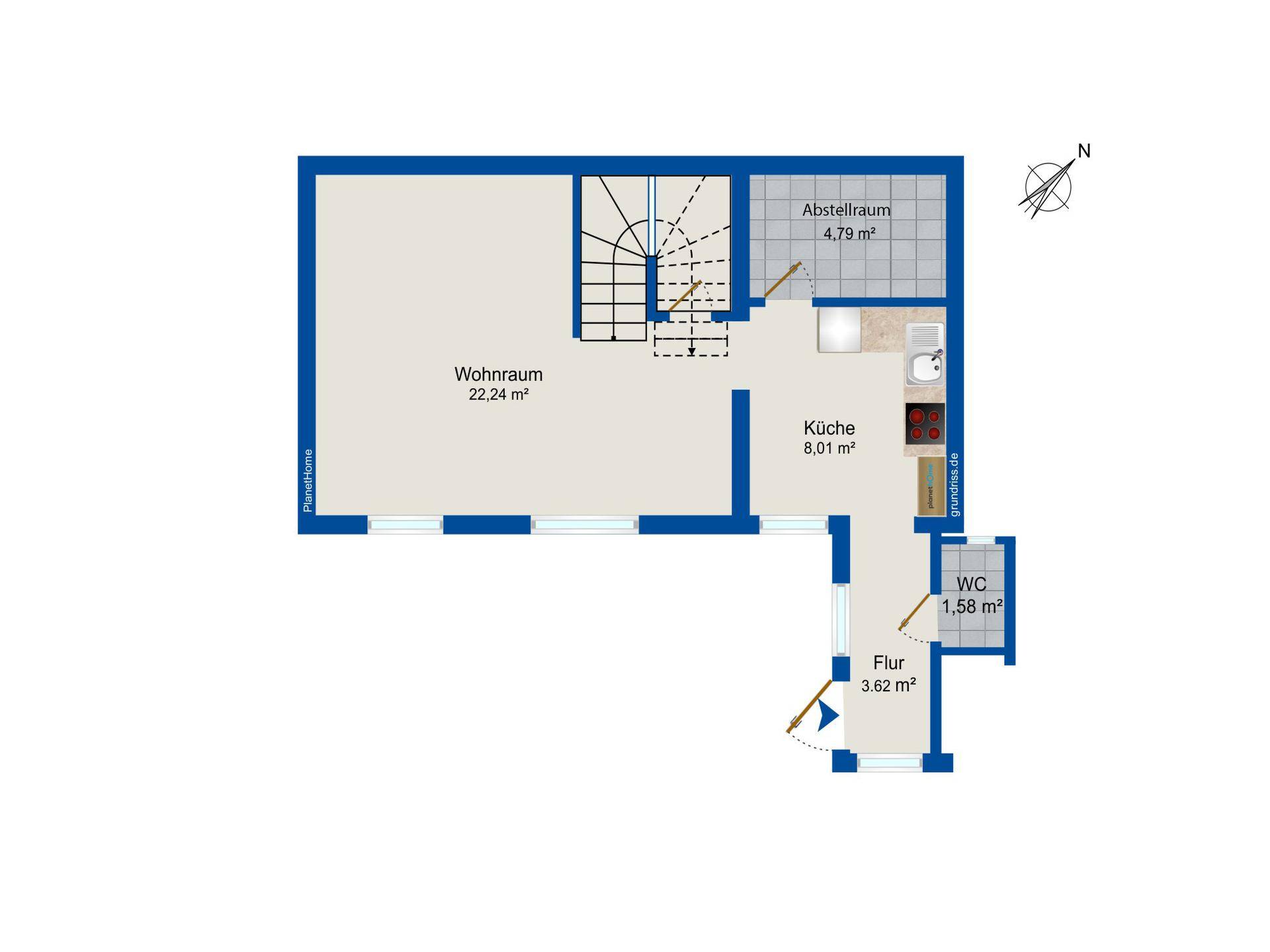 Grundriss des Erdgeschosses mit Wohnraum, Küche, Abstellraum und WC.