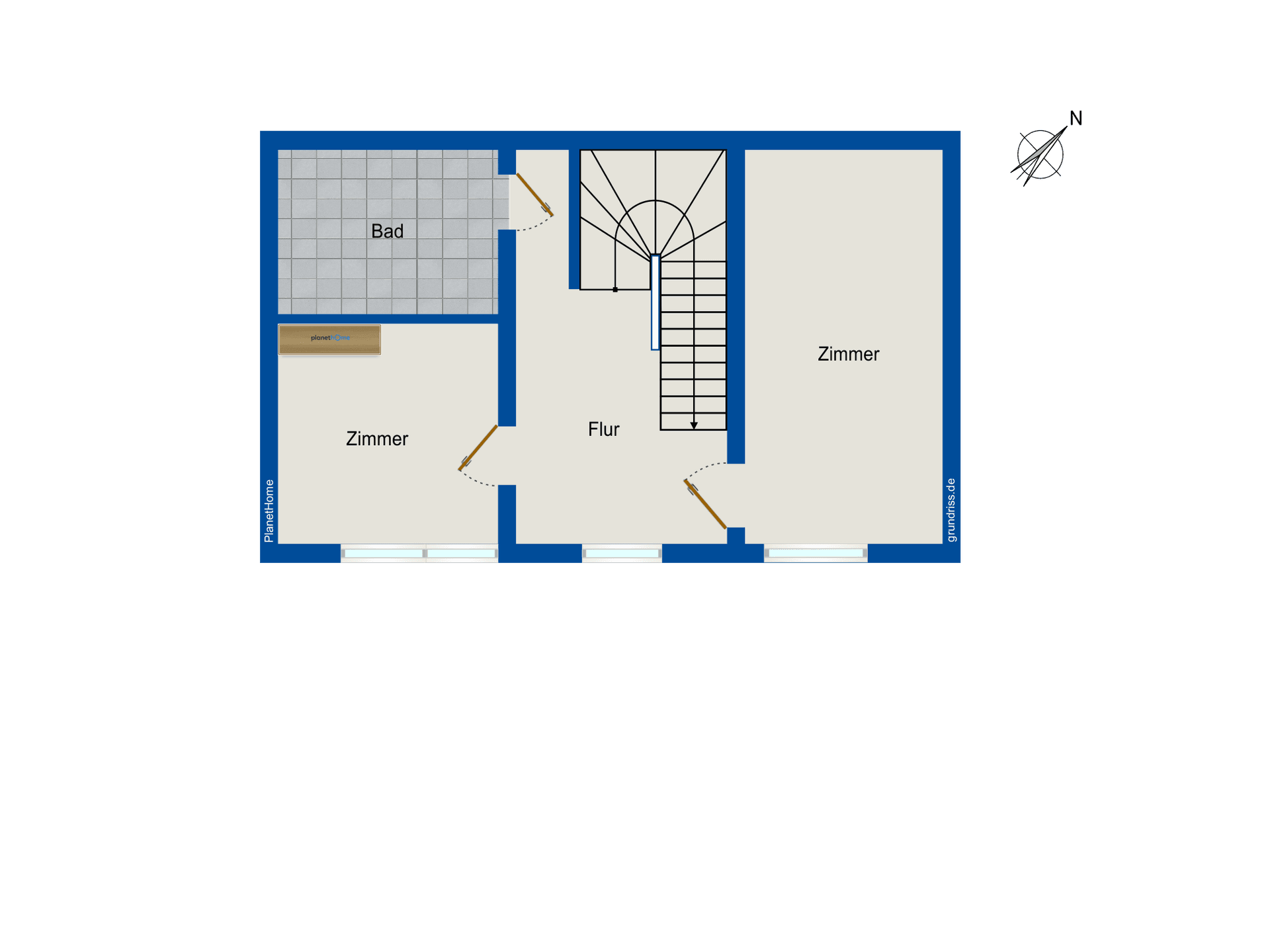 Grundriss des Obergeschosses mit zwei Zimmern, Bad und Flur.