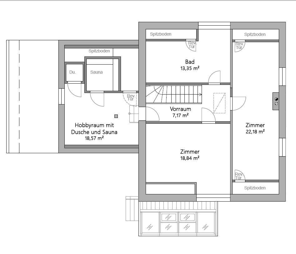 Grundriss des Obergeschosses mit Schlafzimmern, Bad und Hobbyraum inklusive Sauna.
