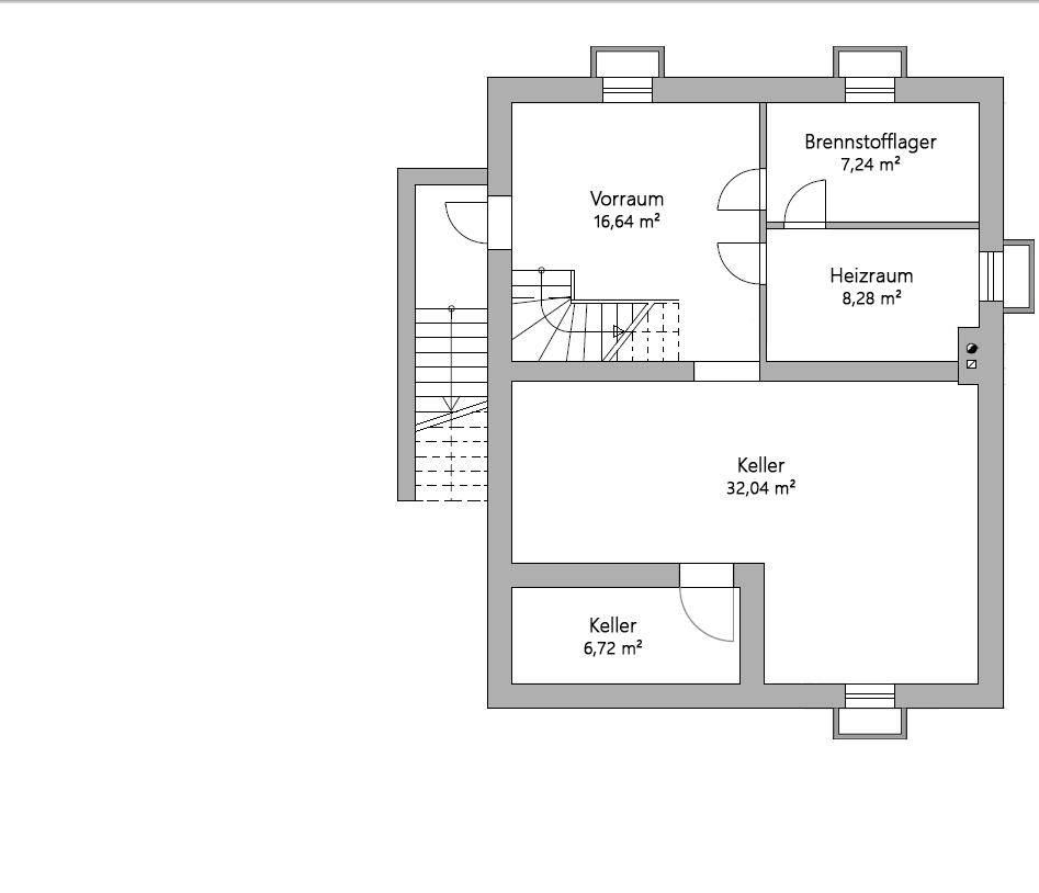 Grundriss des Kellers mit Vorratsräumen, Heizraum und weiteren Kellerbereichen.
