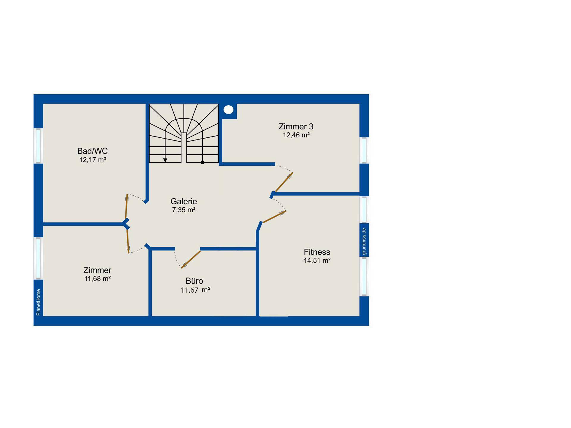 Grundriss des Obergeschosses mit Bad/WC, drei Zimmern, Büro, Fitnessbereich und einer Galerie.