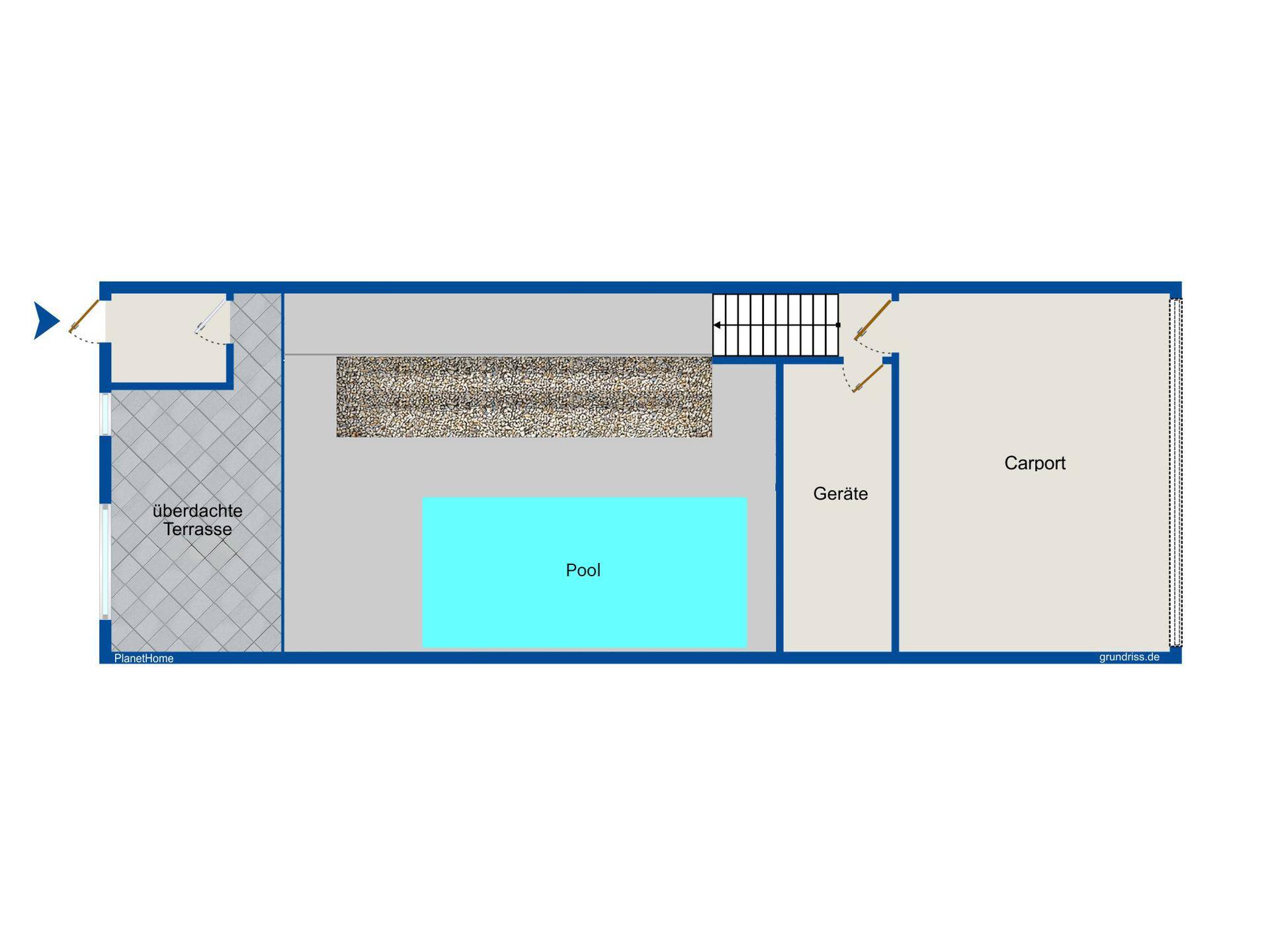 Grundriss des Untergeschosses mit überdachter Terrasse, Pool, Geräteraum und Carport.