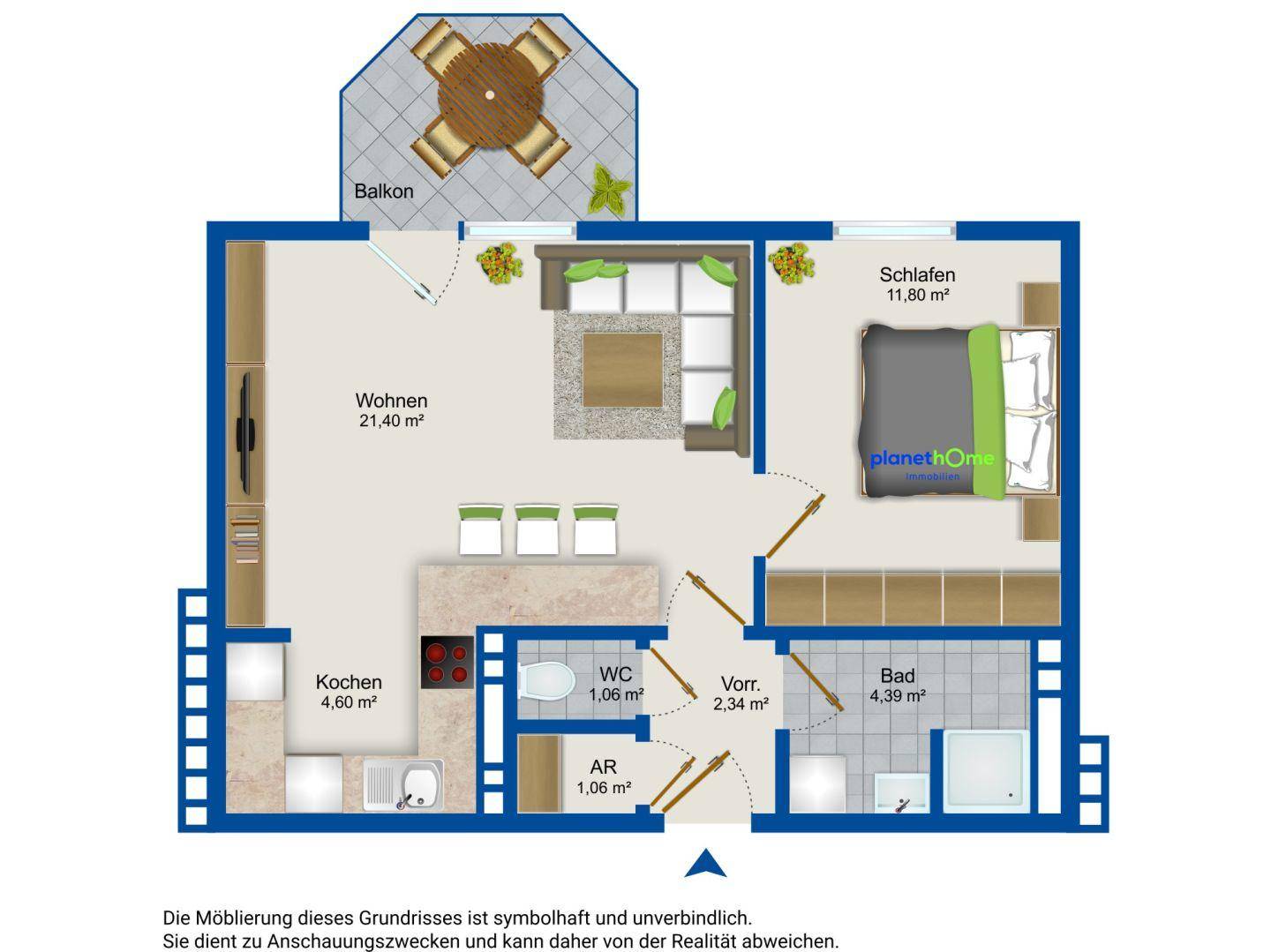 Detaillierter Grundriss einer Wohnung mit Wohn-, Schlaf-, Kochbereich und Balkon.