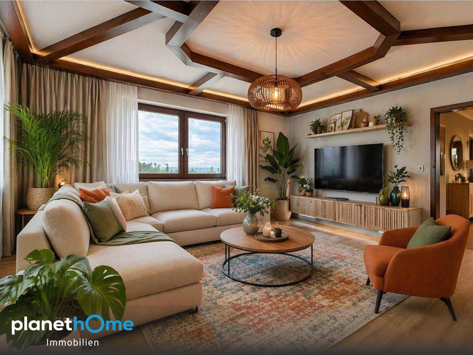 Modernes Wohnzimmer mit bequemer Eckcouch, Holzbalkendecke und stilvoller Dekoration.