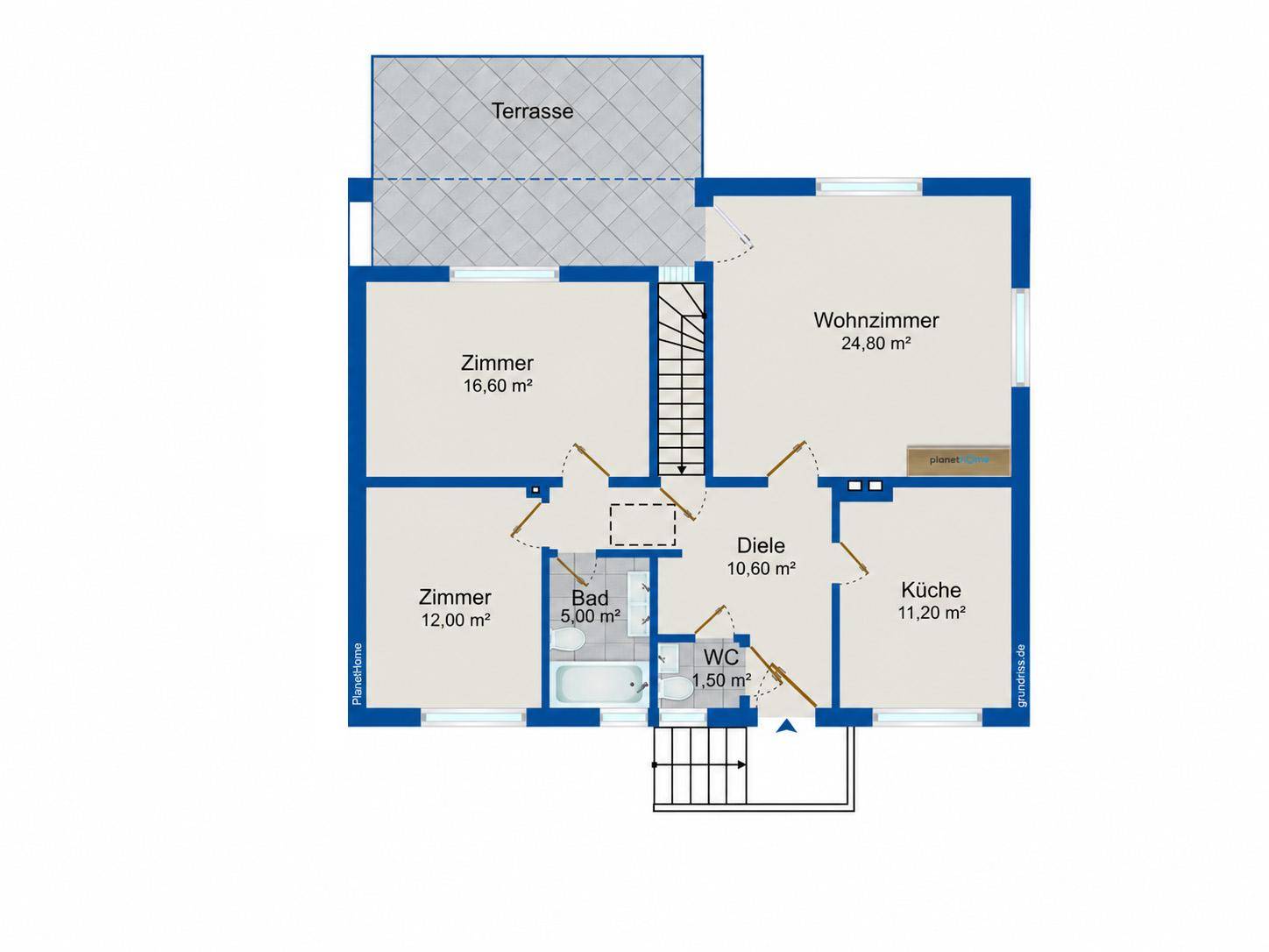 Grundriss des Erdgeschosses mit Wohnzimmer, Küche, zwei Zimmern, Bad und separatem WC.