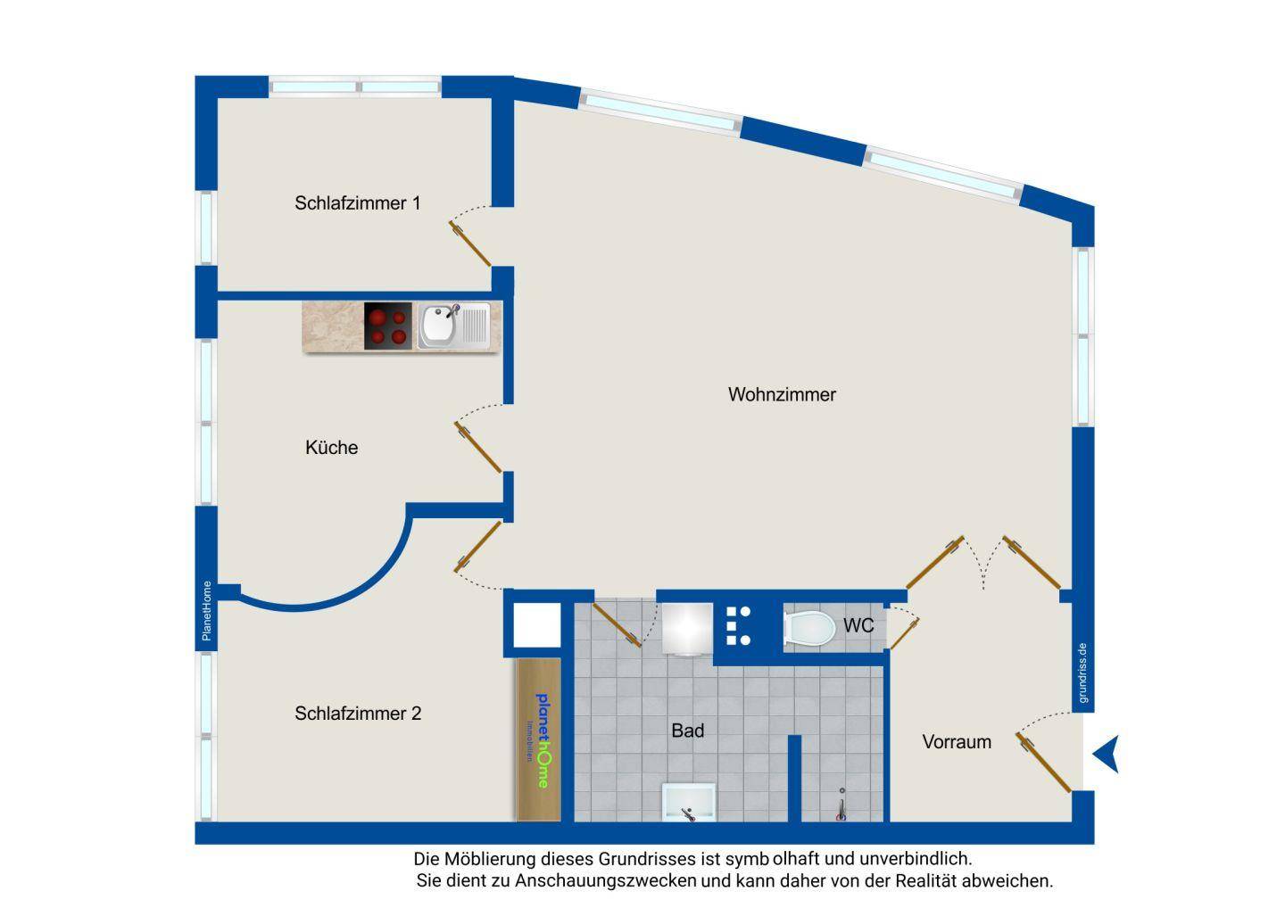 Grundriss einer Wohnung mit zwei Schlafzimmern, Wohnzimmer, Küche und Bad.
