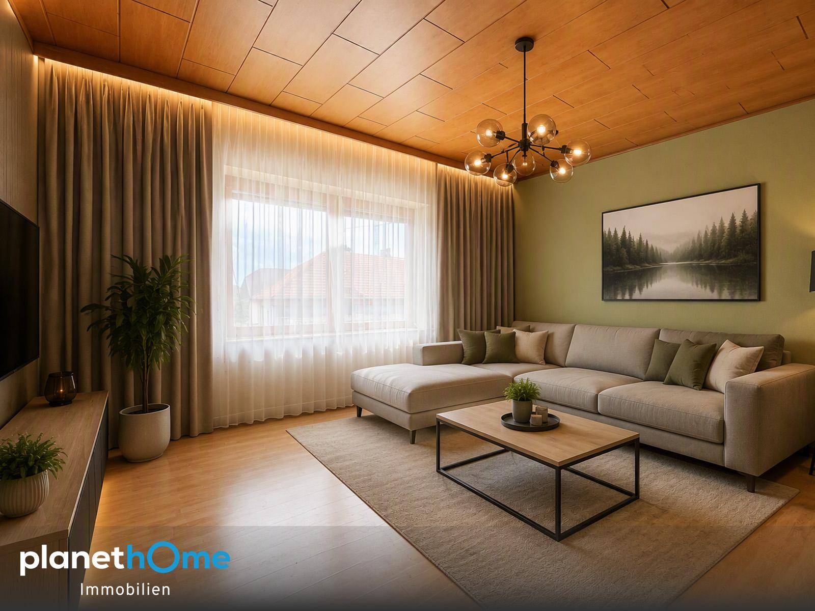 Modernes Wohnzimmer mit beigem Sofa, Holzbalkendecke und großem Fenster, das viel Licht hereinlässt.