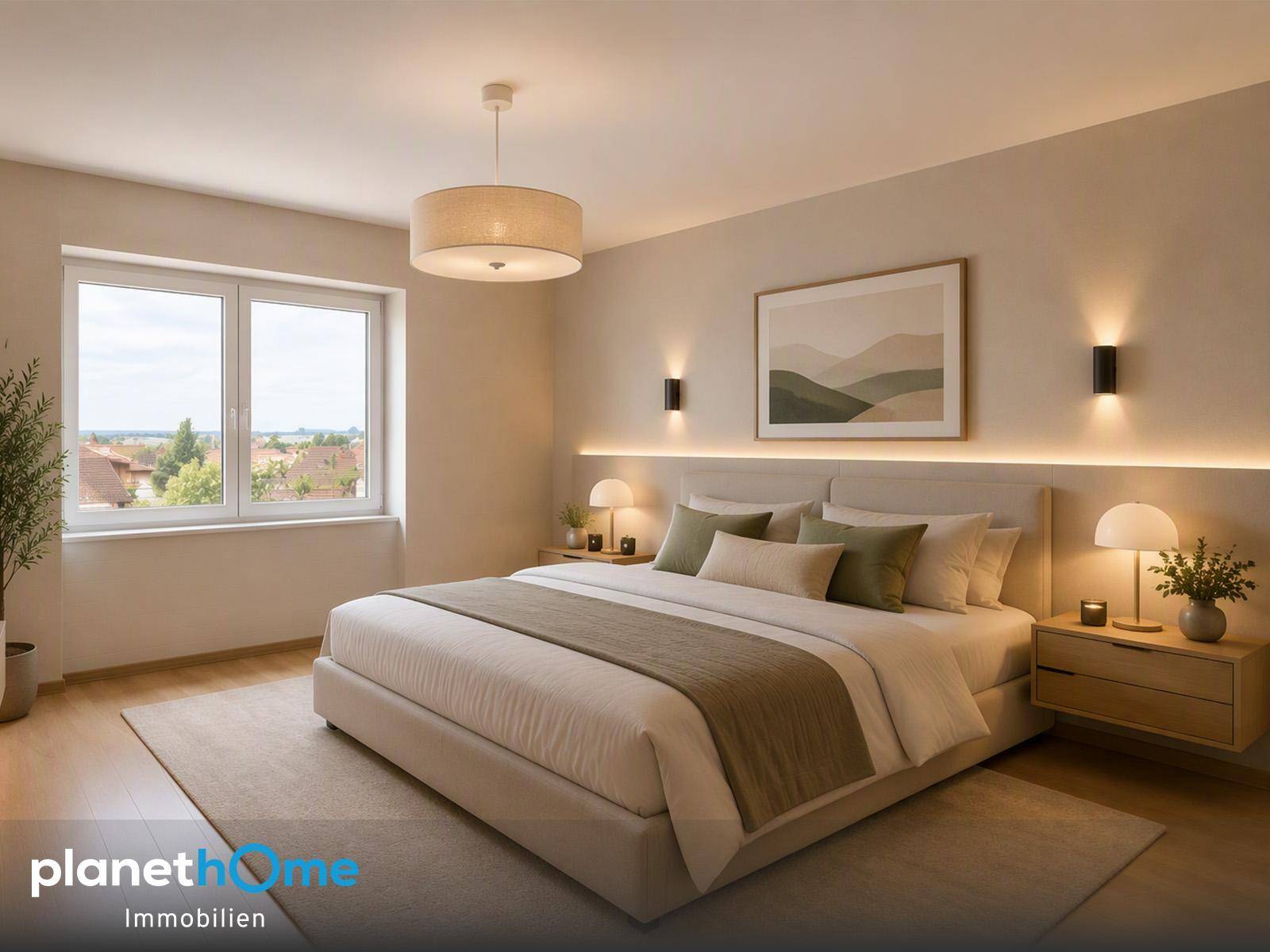 Helles Schlafzimmer mit großem Bett, Nachttischen und indirekter Beleuchtung, die eine gemütliche Atmosphäre schafft.