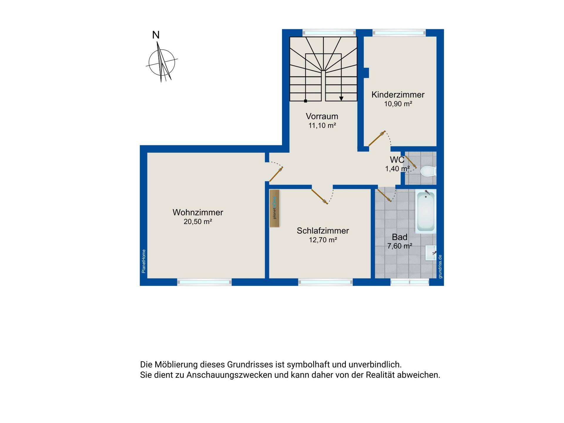 Grundriss des Obergeschosses mit Wohnzimmer, Schlafzimmer, Kinderzimmer und Badezimmer.