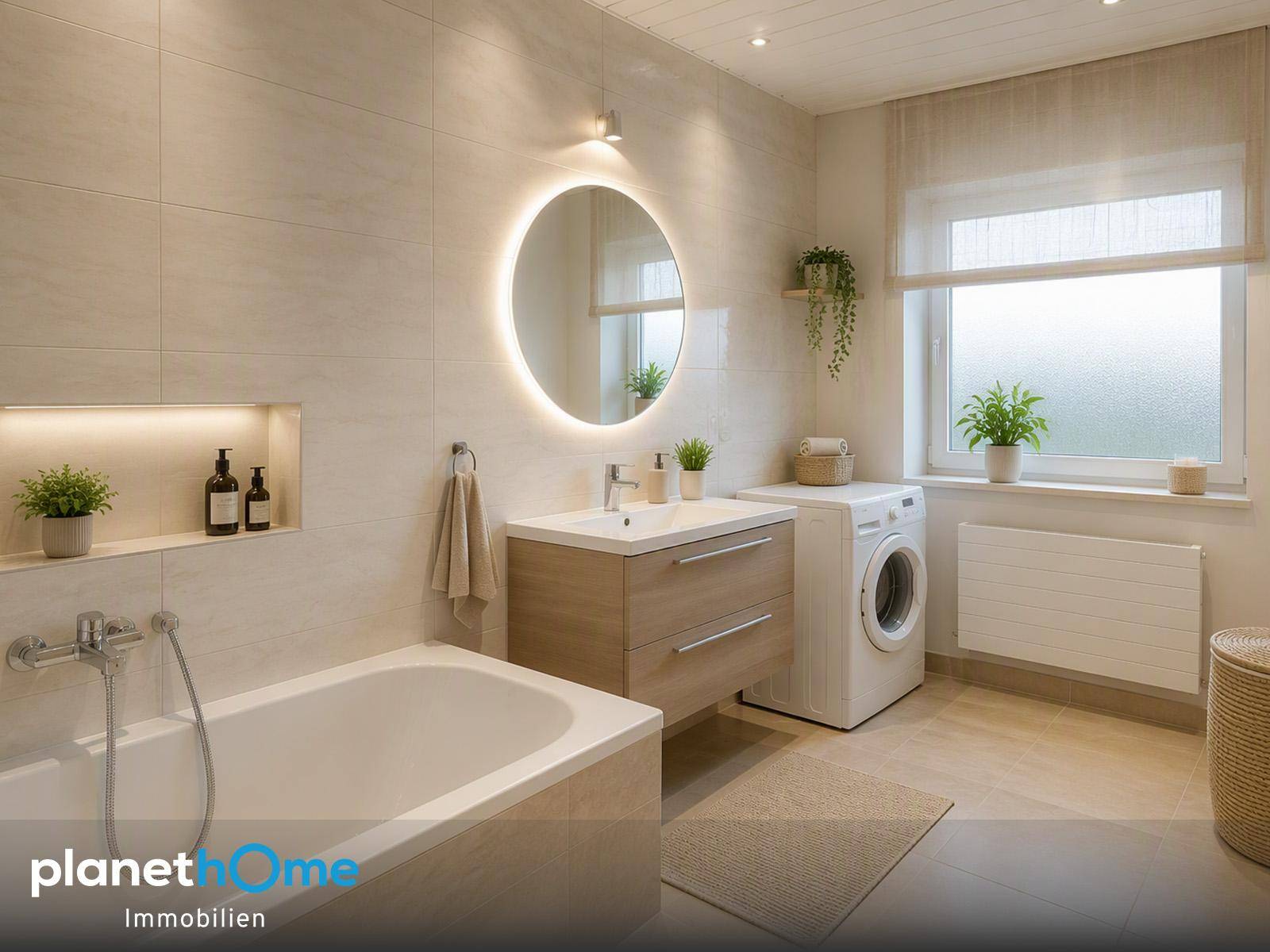 Modernes Badezimmer mit Badewanne, Waschtisch und beleuchtetem Spiegel, inklusive Waschmaschine und Fenster.