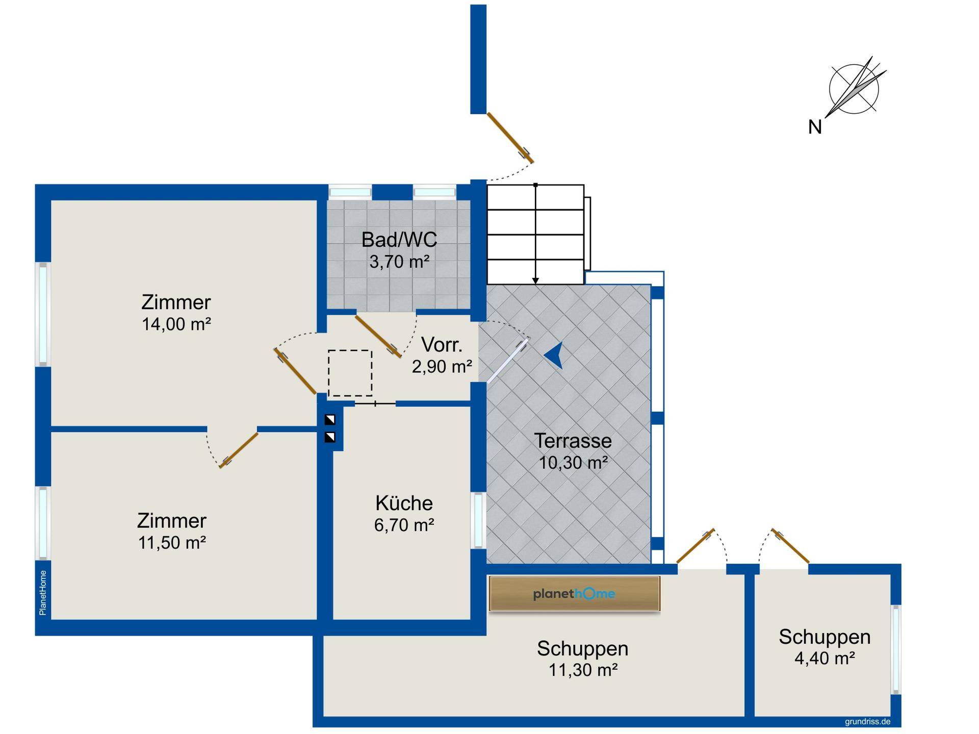 Grundrissplan mit zwei Zimmern, Küche, Bad/WC, Vorraum, Terrasse und zwei Schuppen.