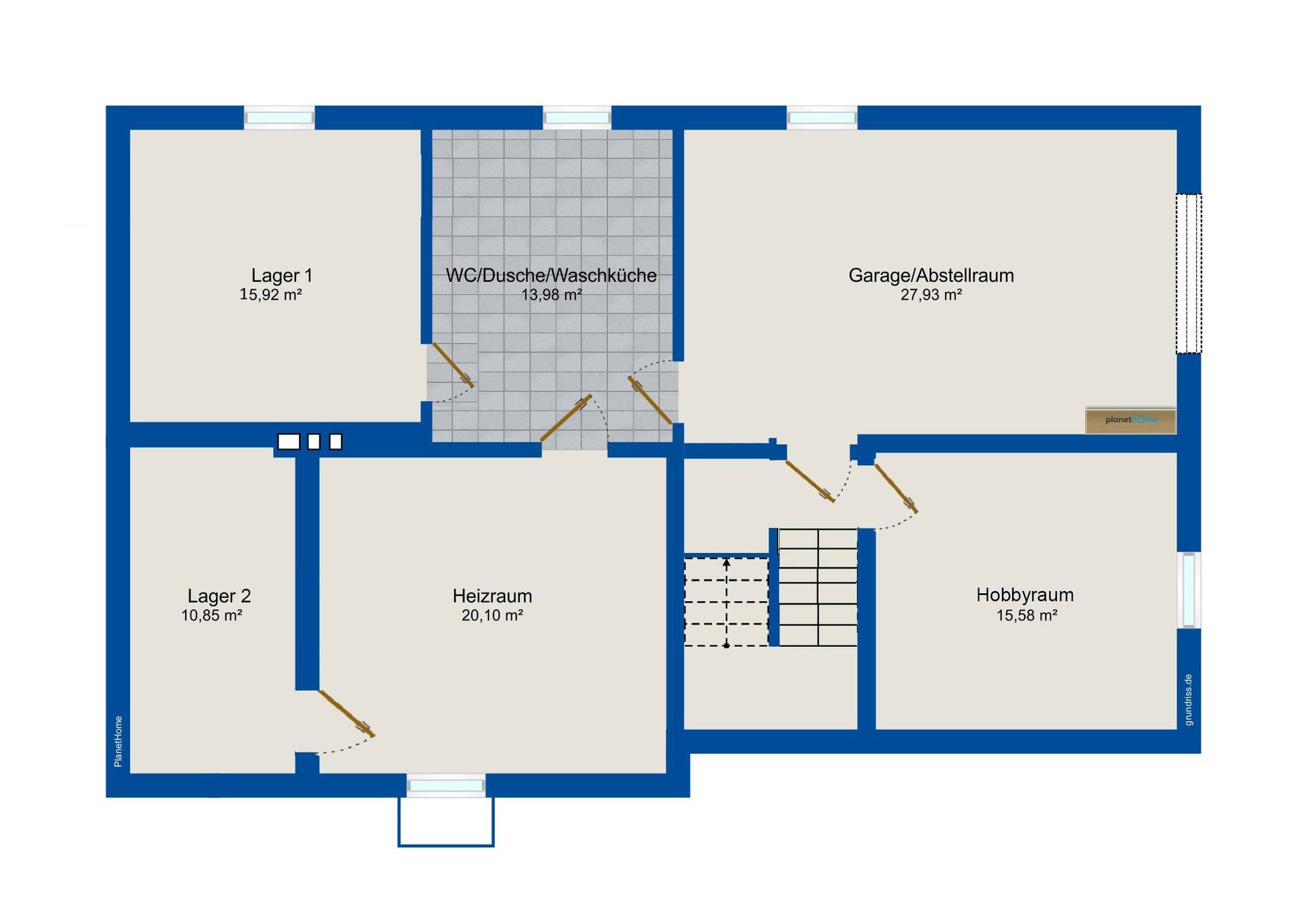 Grundriss des Untergeschosses mit Lagerräumen, Heizraum und Garage/Abstellraum.