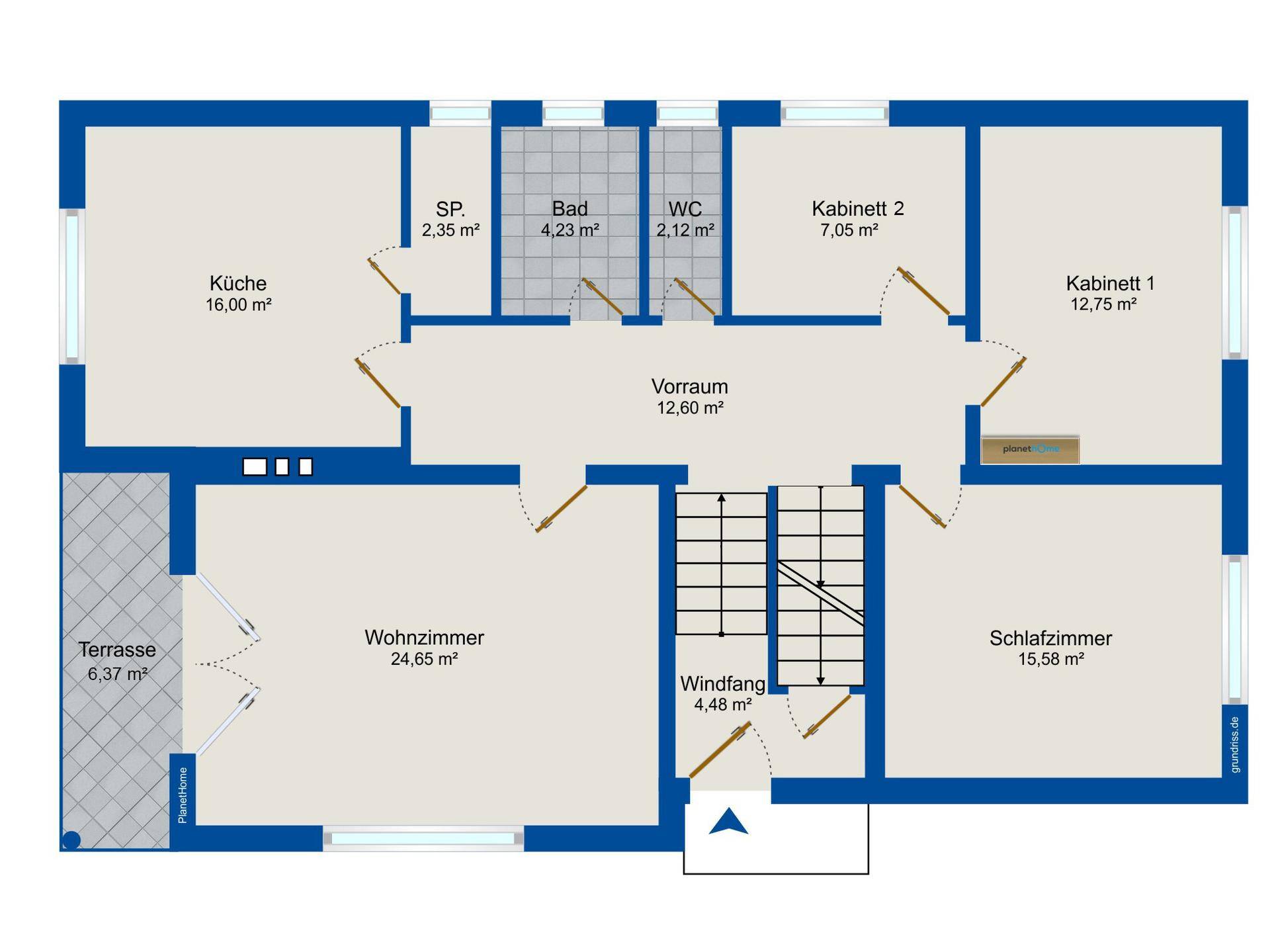 Grundriss des Erdgeschosses mit Küche, Wohnzimmer, Schlafzimmer und Terrasse.