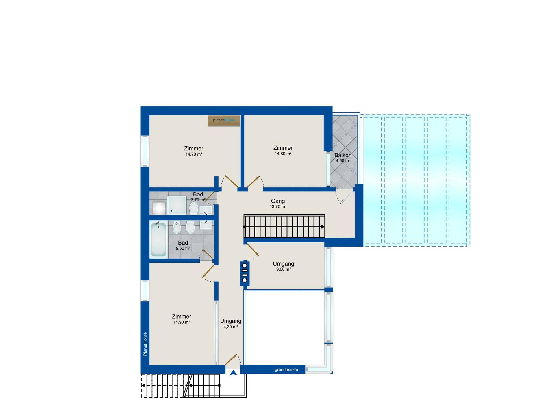 Grundriss des Obergeschosses mit Balkon, zwei Bädern und drei weiteren Zimmern.