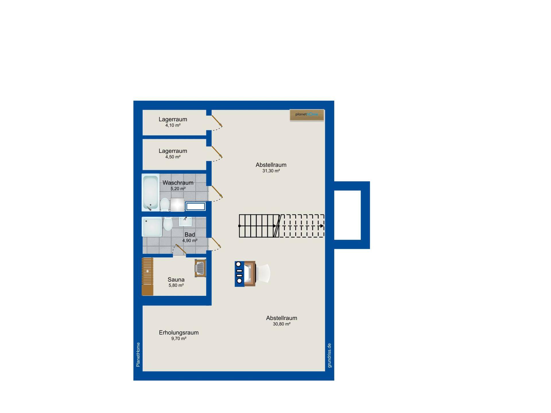 Grundriss des Untergeschosses mit Sauna, Waschraum, Bad und mehreren Abstellräumen.