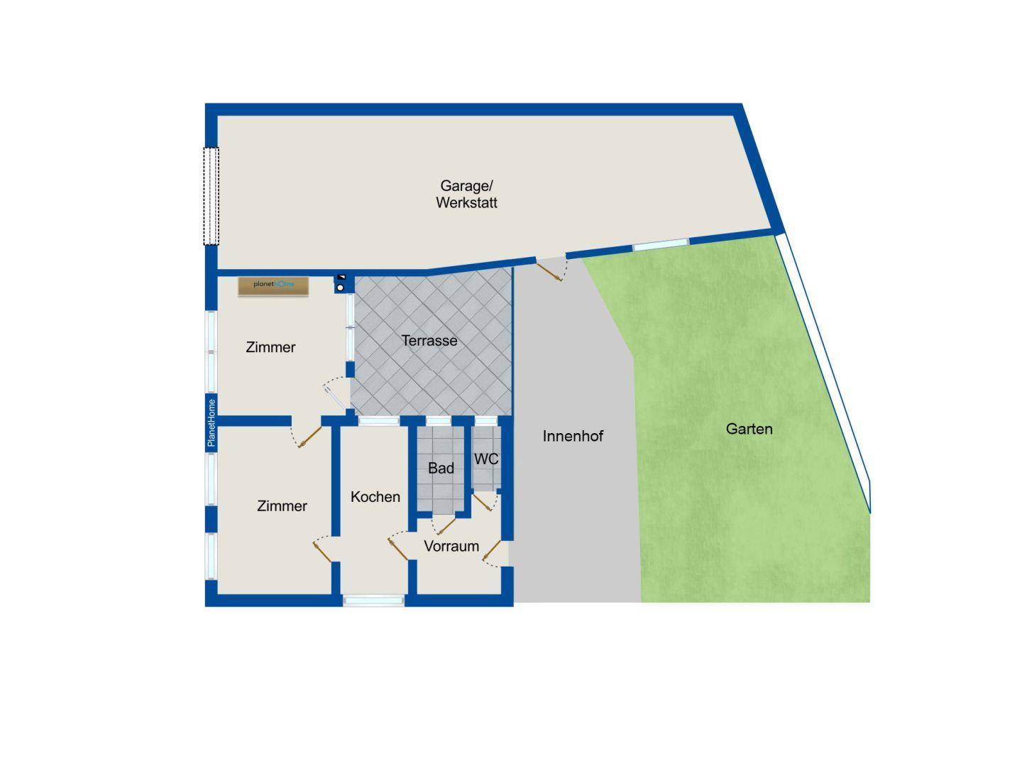 Grundrissplan zeigt die Aufteilung der Räume mit Garage, Terrasse, Innenhof und Garten.