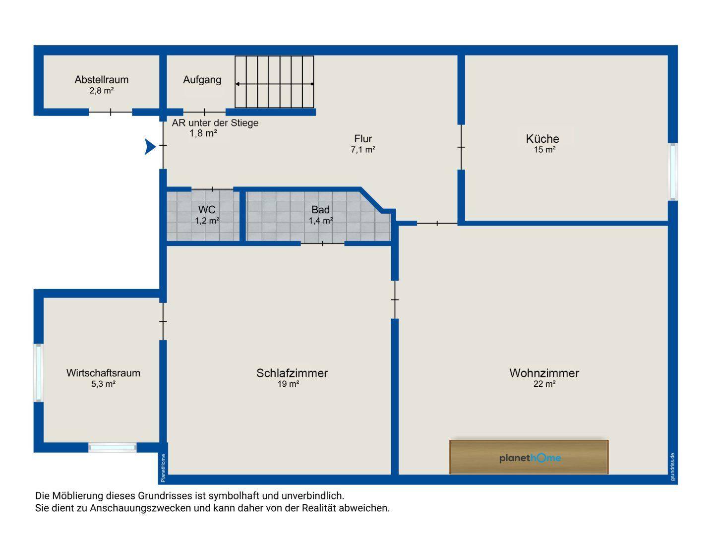 Grundriss des Erdgeschosses mit Küche, Wohnzimmer, Schlafzimmer, Bad und WC.