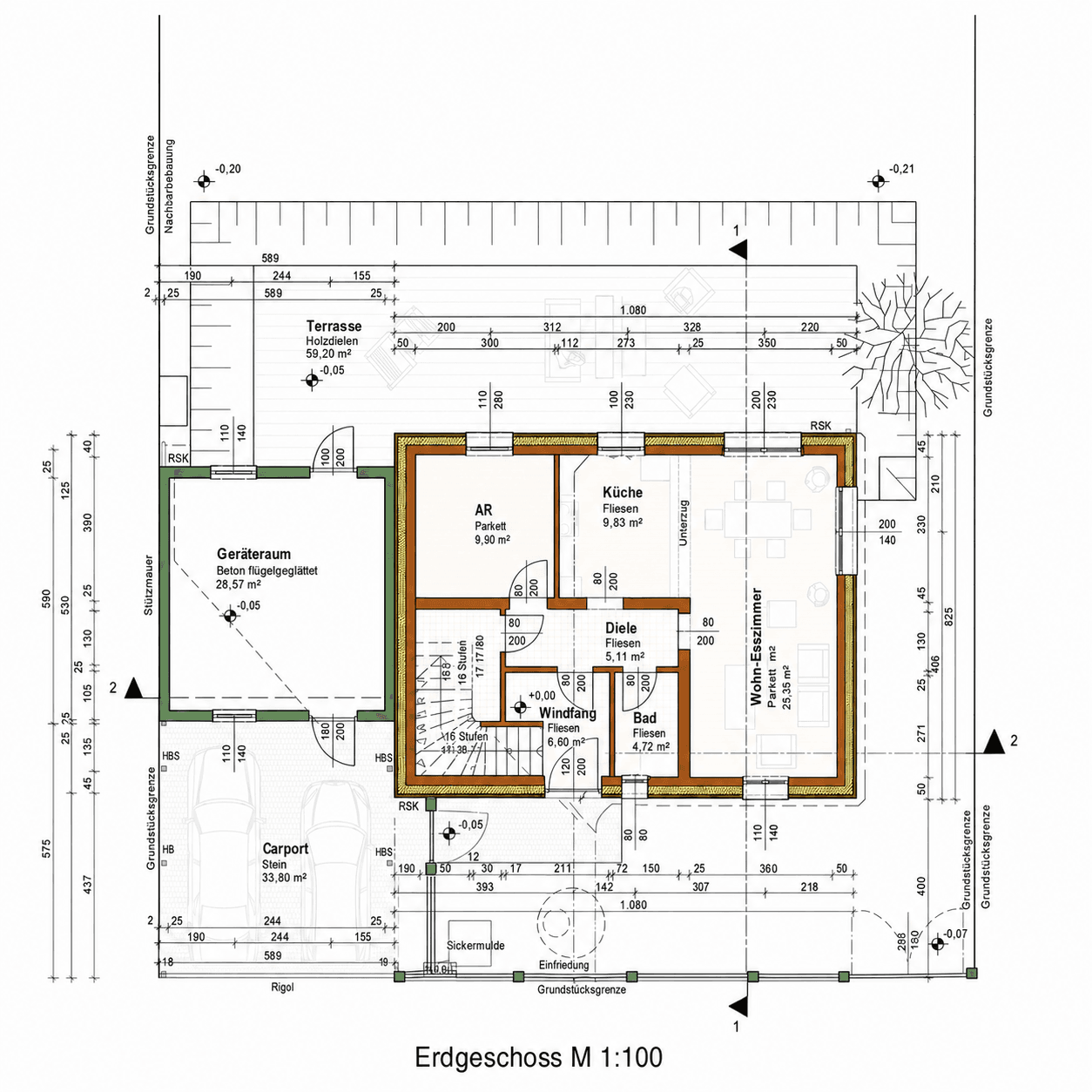 Grundriss des Erdgeschosses mit Wohn-Esszimmer, Küche und Terrasse.