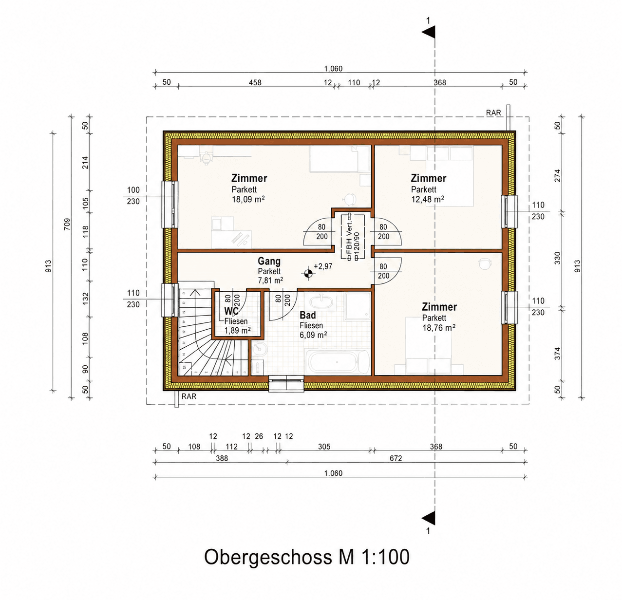 Grundriss des Obergeschosses mit drei Zimmern, Bad und WC.