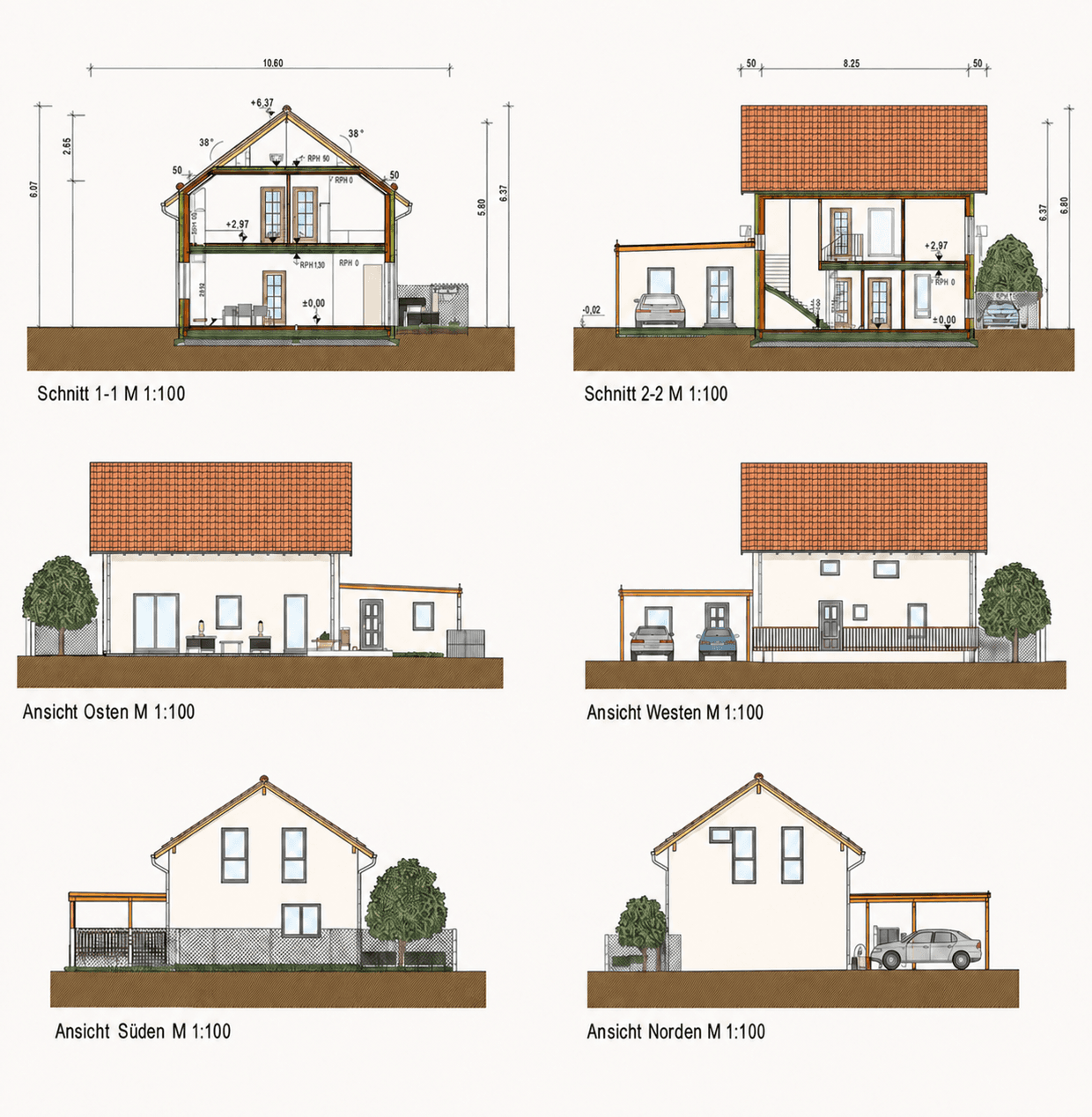 Verschiedene Schnitte und Ansichten des Gebäudes mit Dachformen und Carport.
