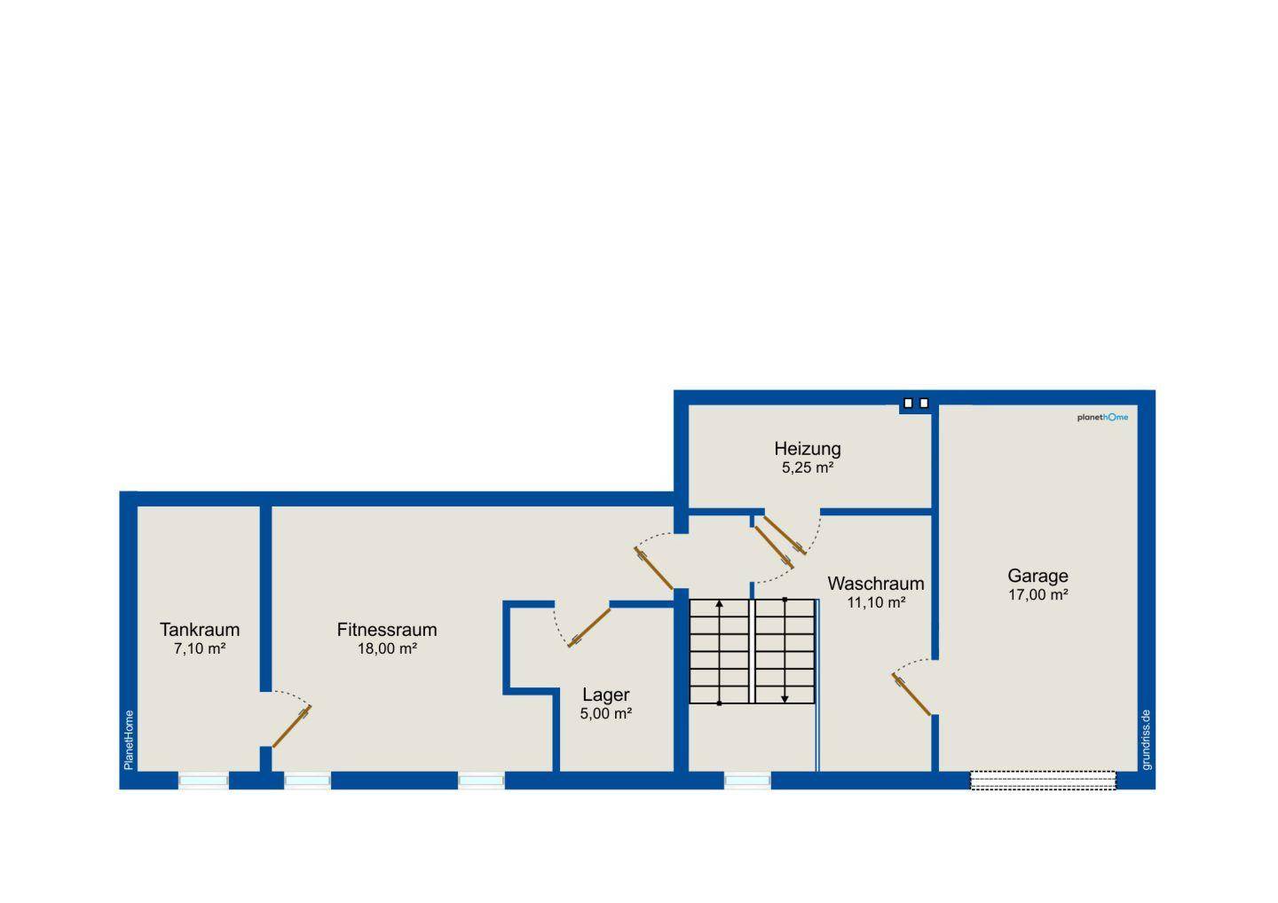 Grundriss des Untergeschosses mit Fitnessraum, Lager, Waschraum, Heizung und Garage.