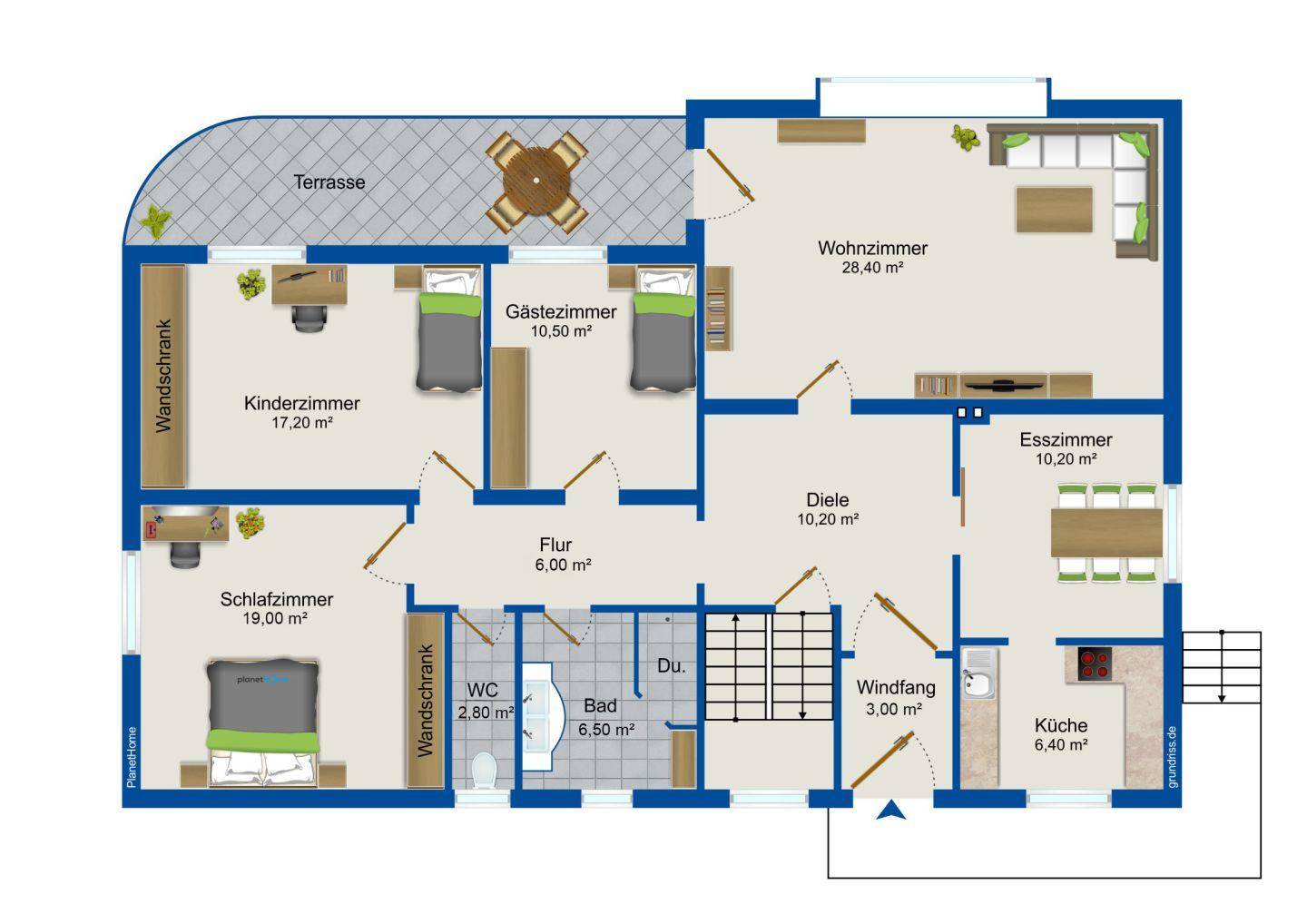 Grundriss des Erdgeschosses mit Wohnzimmer, Esszimmer, Küche, Terrasse und drei Schlafzimmern.