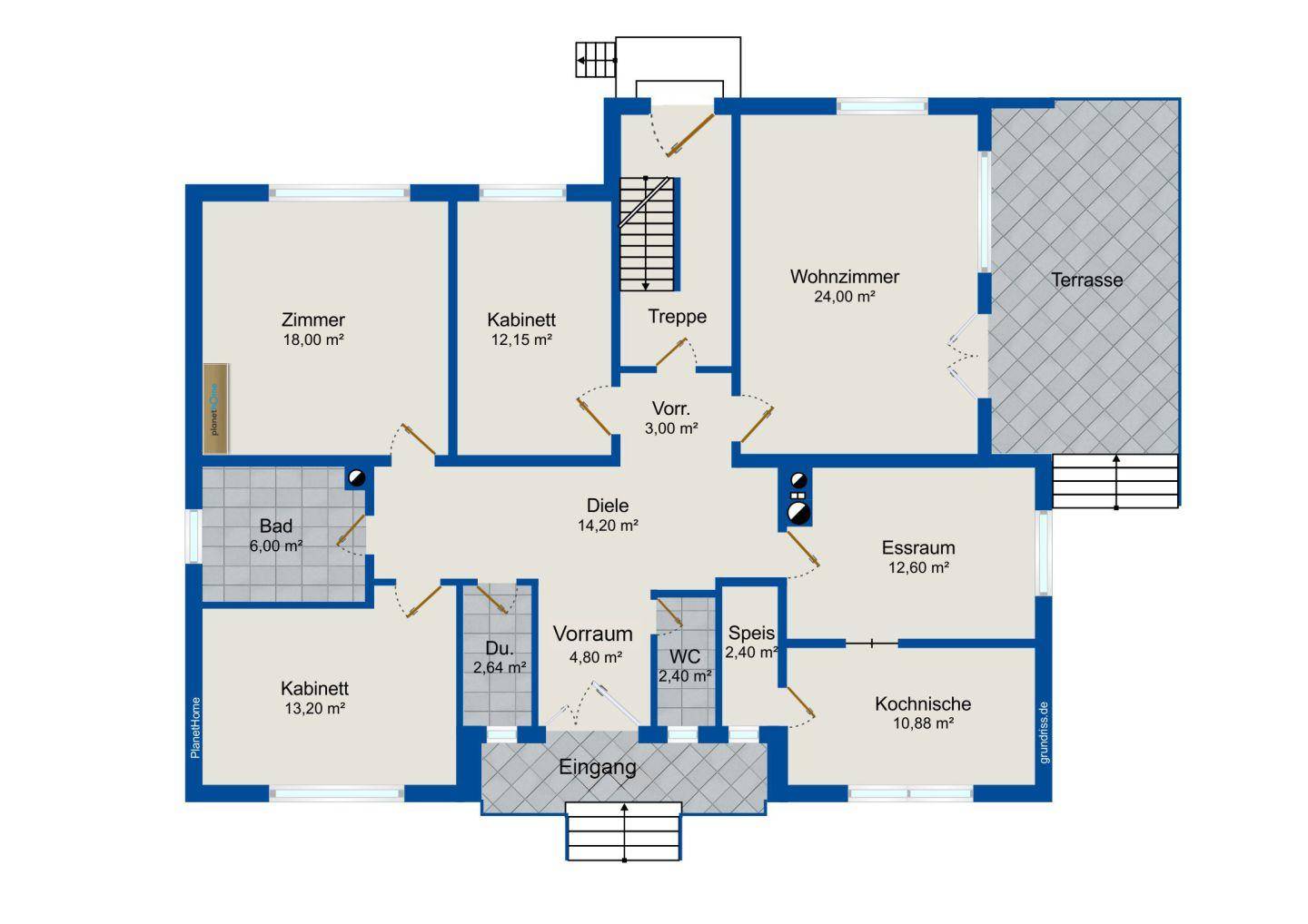 Grundriss des Erdgeschosses mit Wohnzimmer, Essraum, Küche und Terrasse.