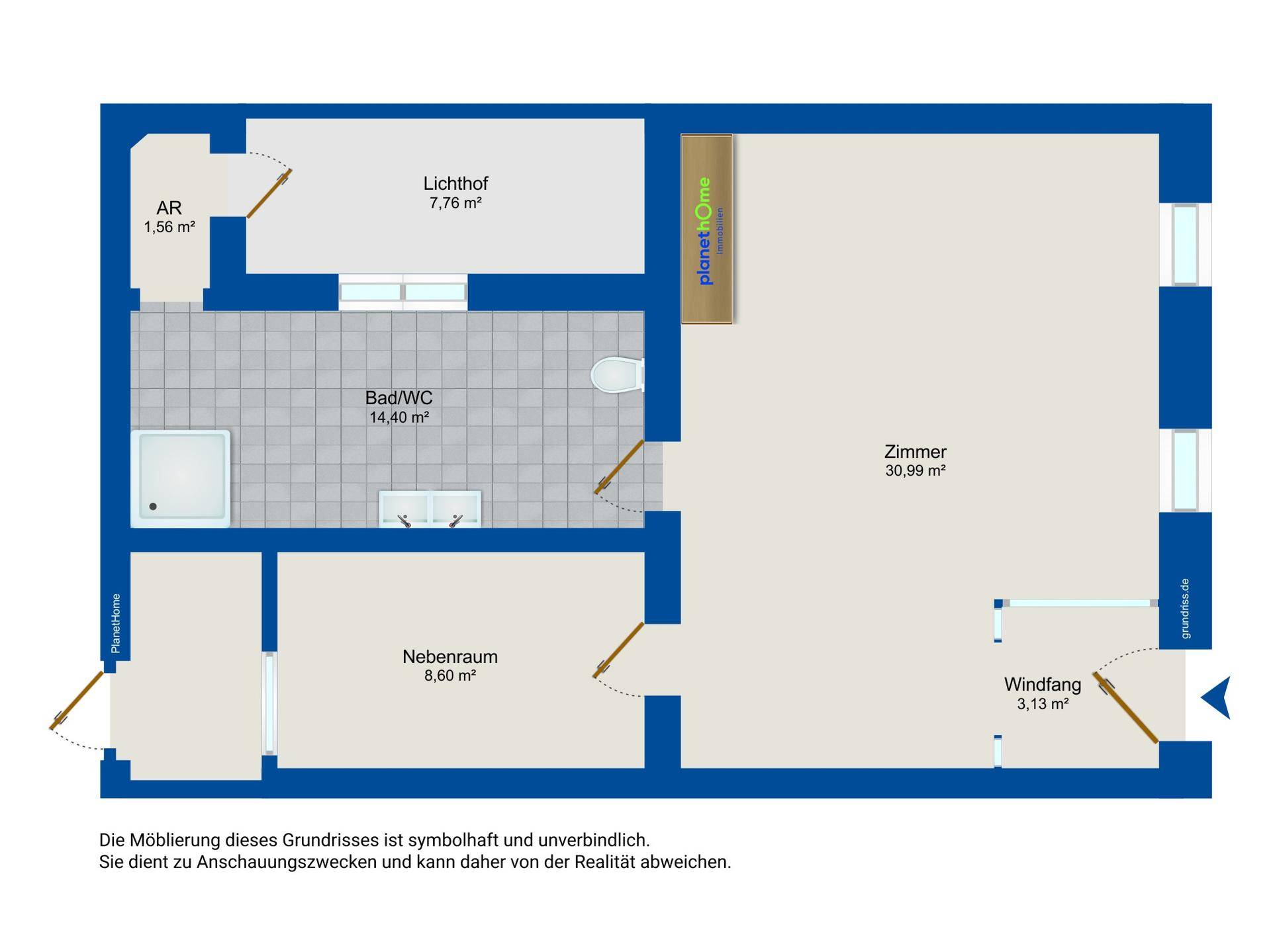 Grundriss mit Zimmer, Bad/WC, Nebenraum und Lichthof.