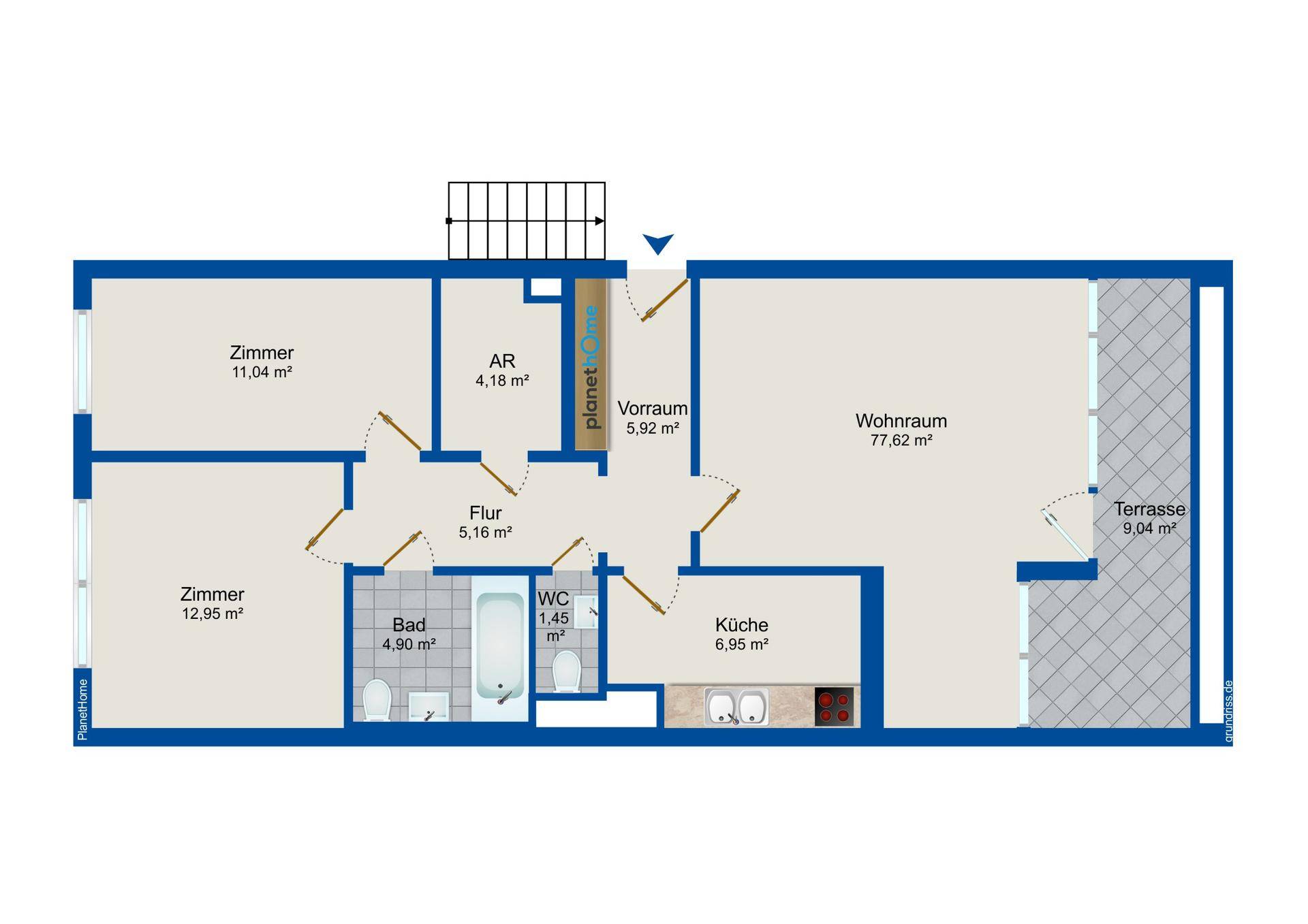 Detaillierter Grundriss mit Zimmern, Flächenangaben in m² und einer Terrasse.