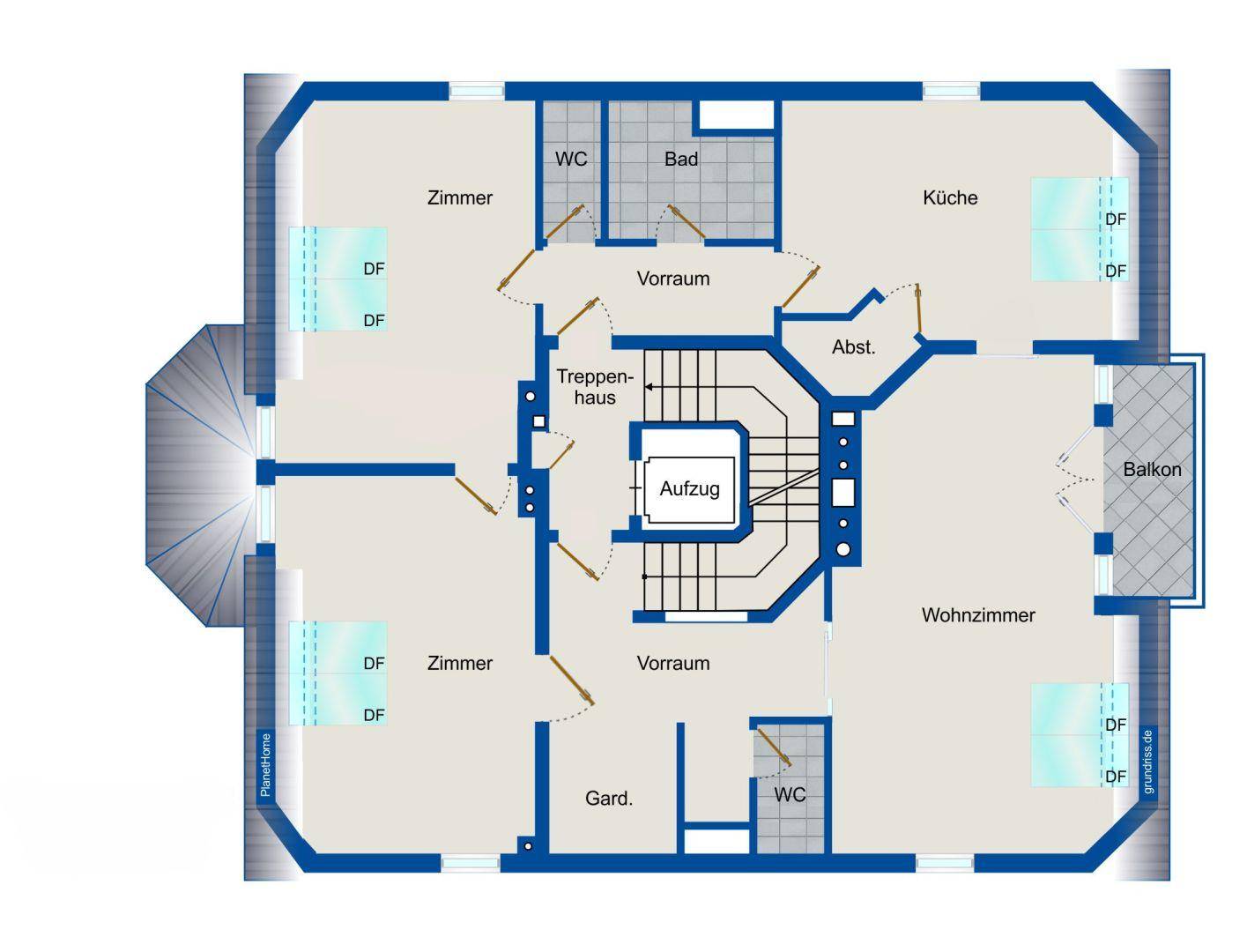 Grundriss einer Etage mit mehreren Zimmern, Balkon, Bad, zwei WCs und zentralem Aufzug.