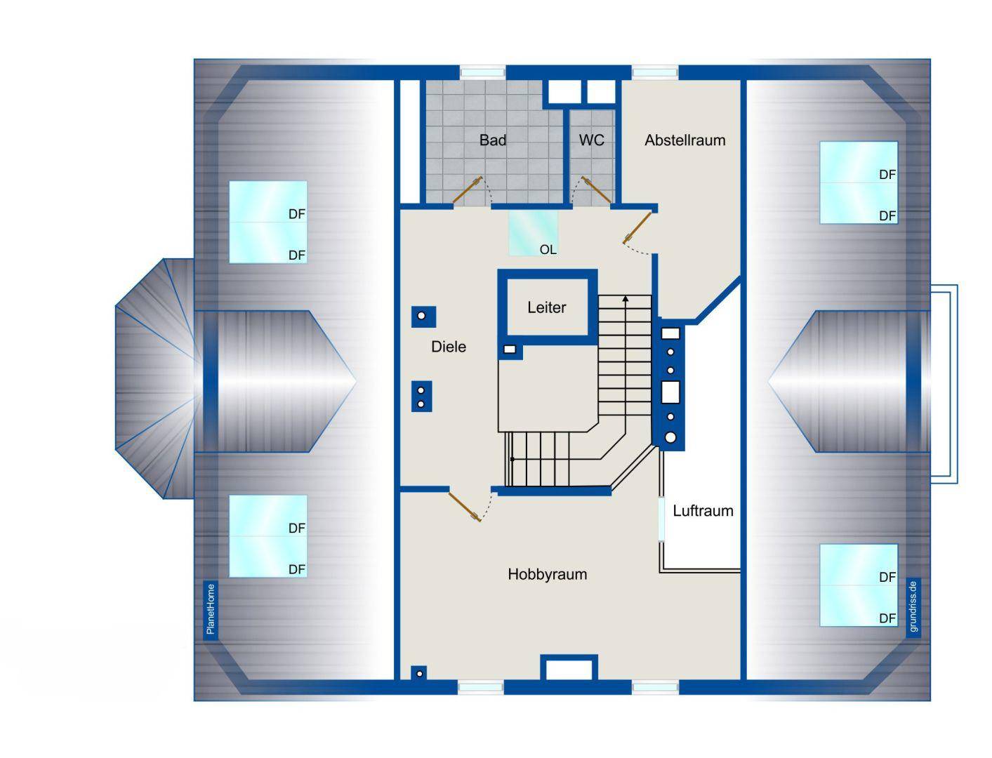 Grundriss einer unteren Etage mit Hobbyraum, Bad, separatem WC, Abstellraum und Treppenaufgang.