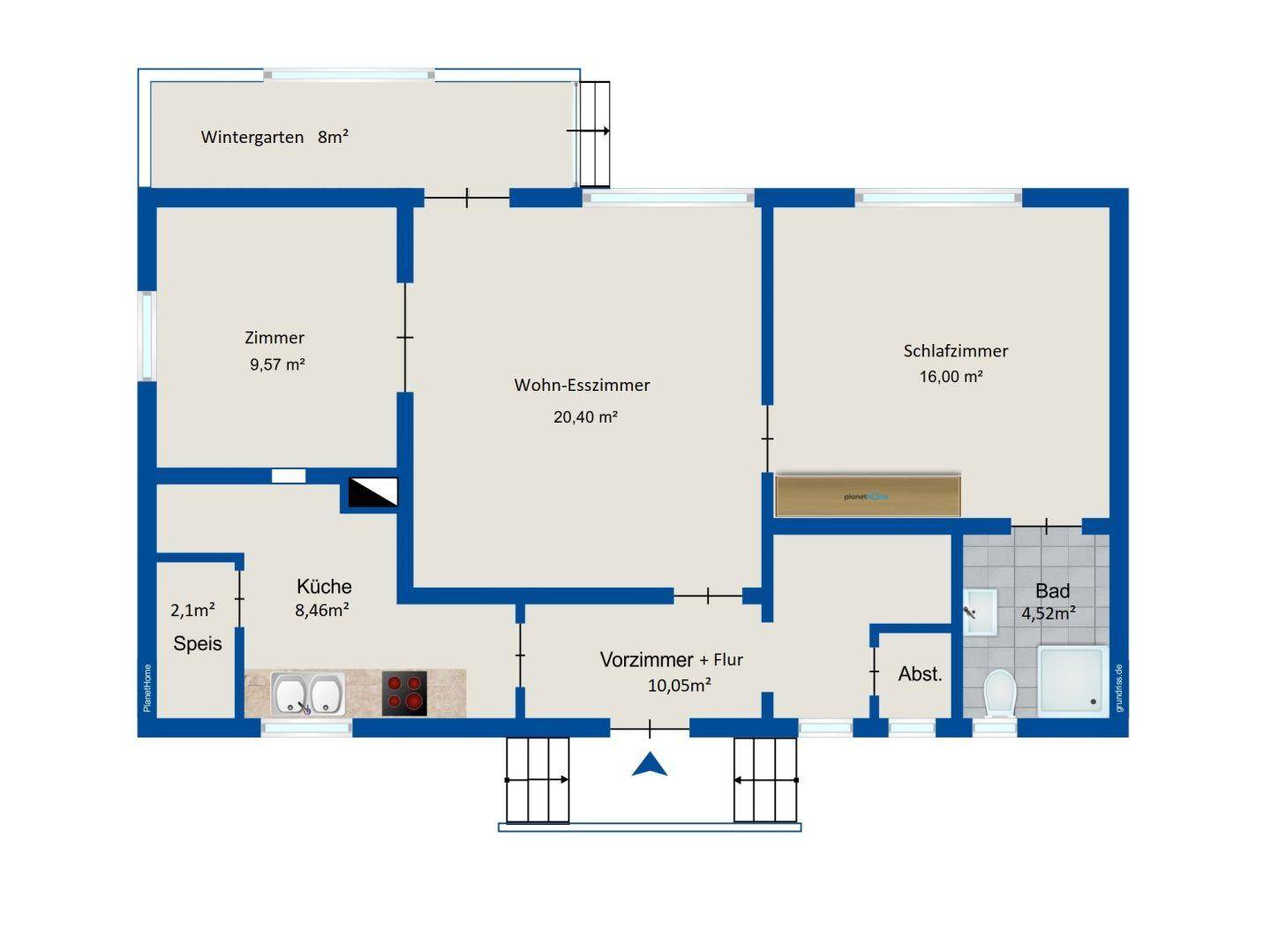 Grundriss der Immobilie mit Wohn-Esszimmer, Schlafzimmer und Wintergarten.