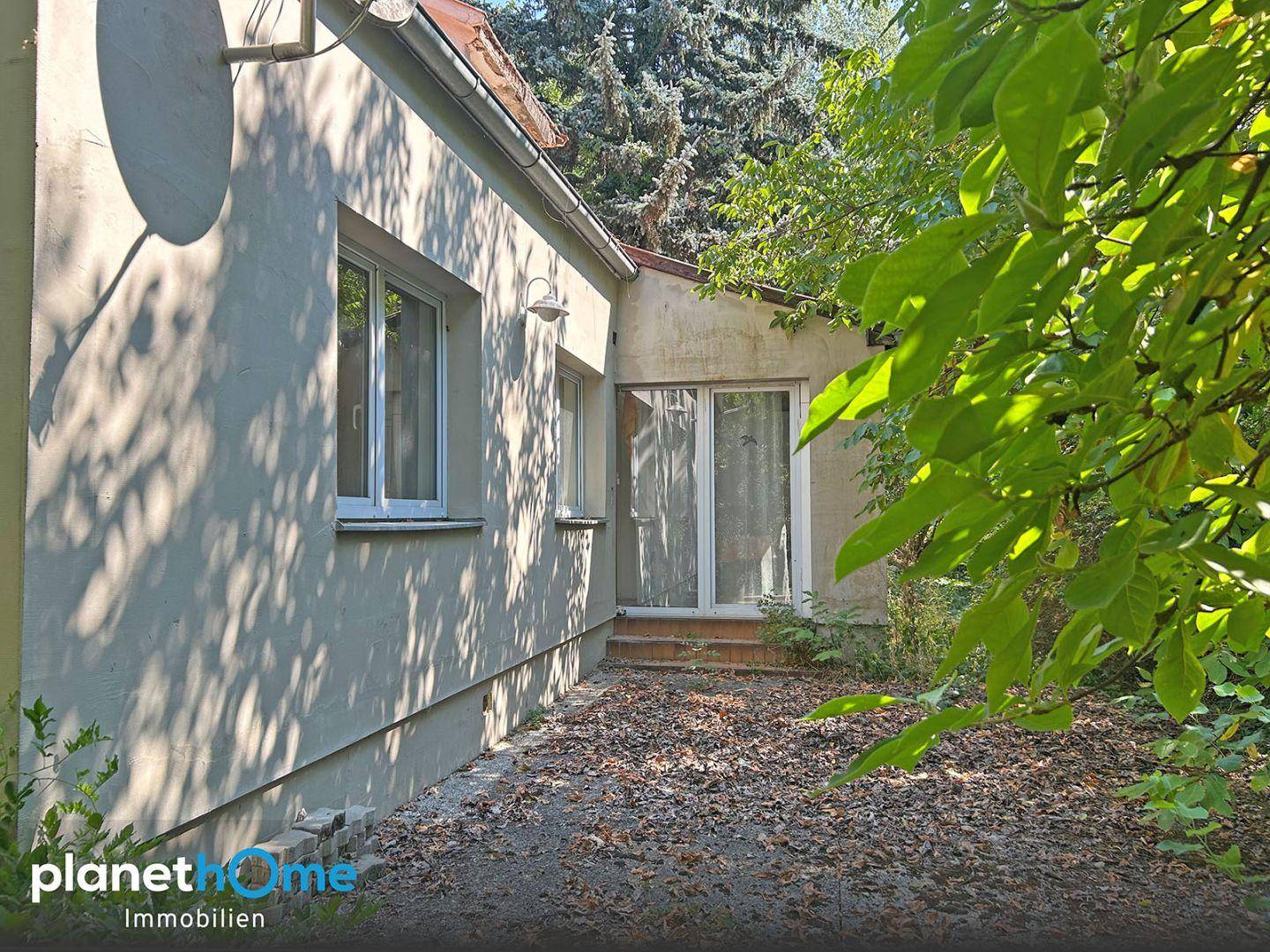 Rückseite des Hauses mit Zugang zum Gartenbereich und viel Grün in der Umgebung.