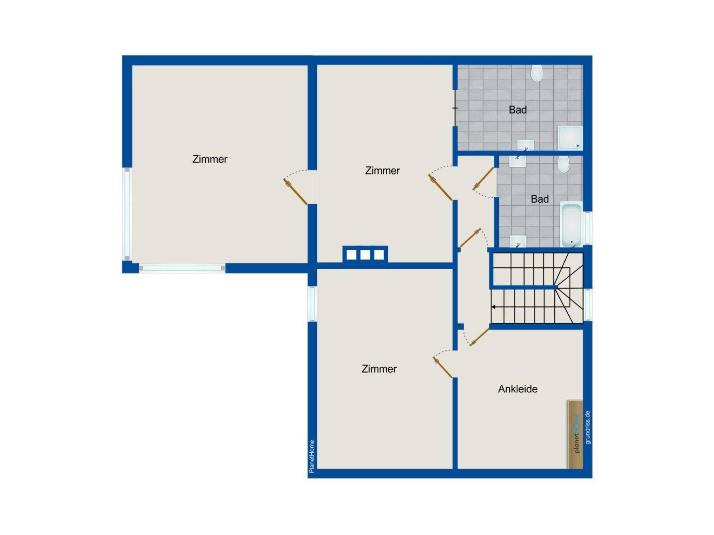 Grundriss des Obergeschosses mit drei Zimmern, zwei Bädern und einem Ankleidezimmer.