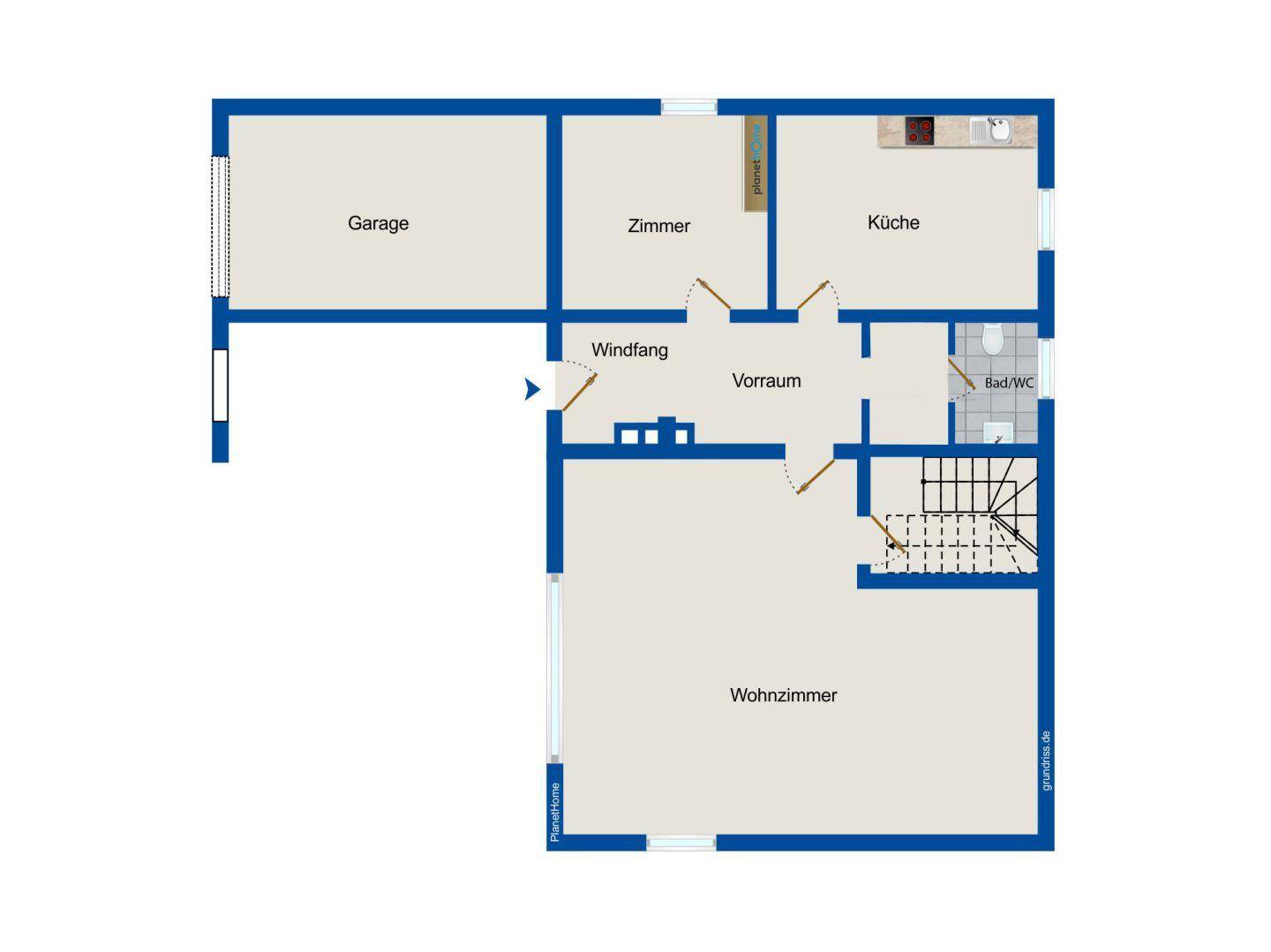 Grundriss des Erdgeschosses mit Garage, Wohnzimmer, Küche, Windfang und Bad/WC.