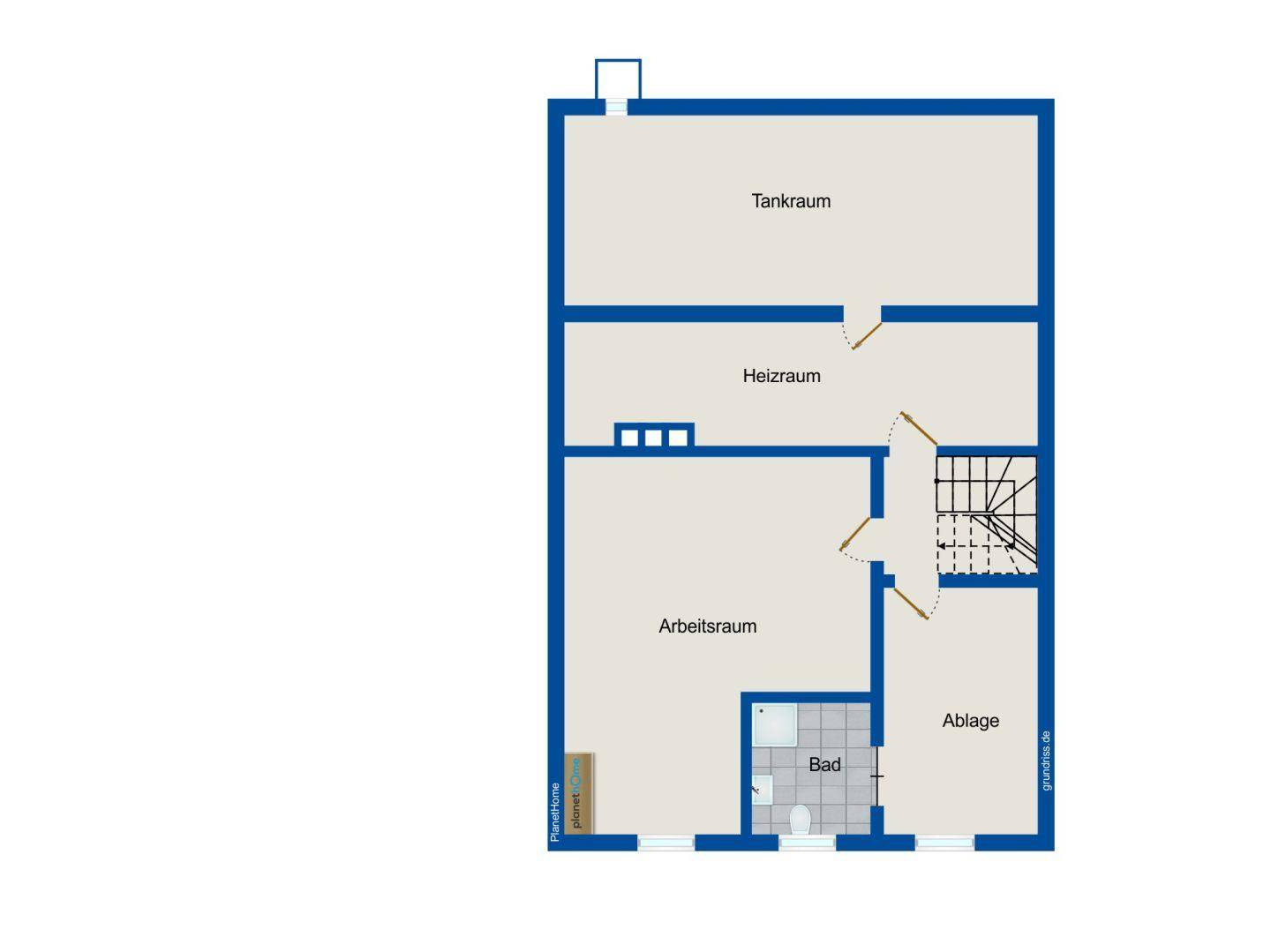 Grundriss des Untergeschosses mit Tankraum, Heizraum, Arbeitsraum, Abstellraum und Bad.