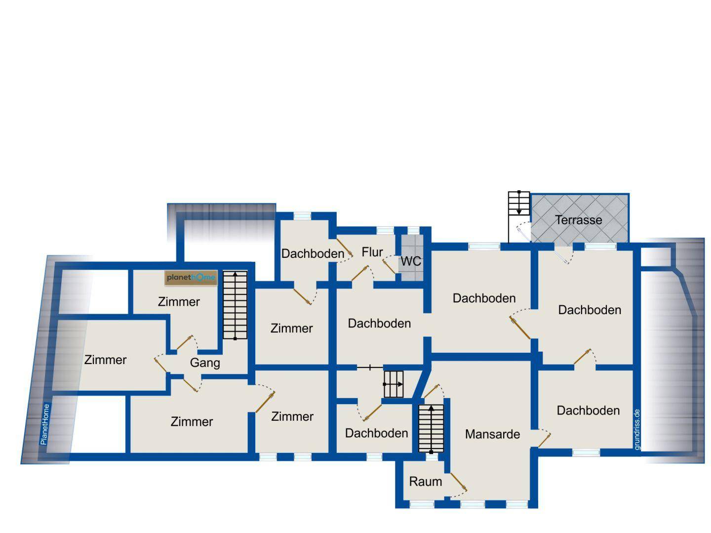 Grundriss des Obergeschosses mit Terrasse, Dachboden und Mansarde.