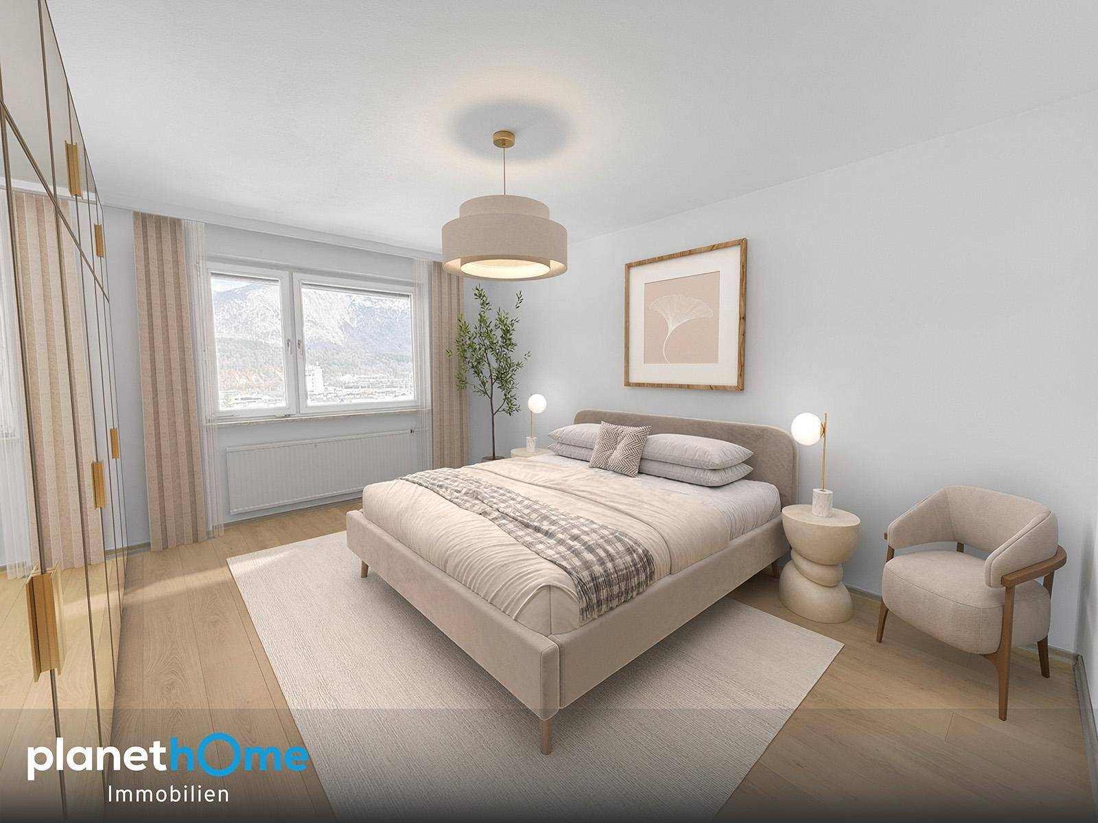 Virtuell inszeniertes Schlafzimmer mit hellem Holzboden, modernem Bett und Bergblick.