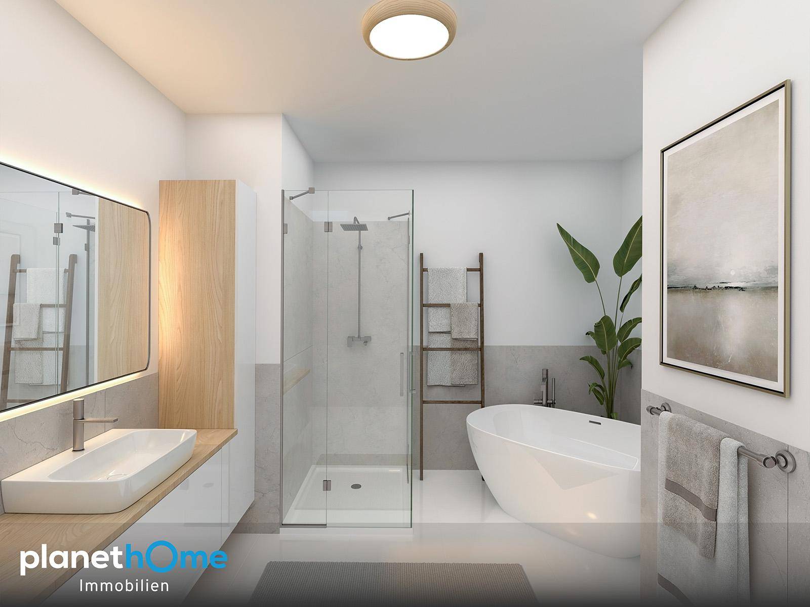 Modernes Badezimmer mit freistehender Badewanne, begehbarer Dusche und Einzelwaschbecken.