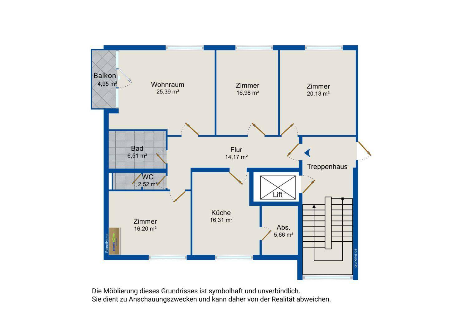 Grundriss einer Wohnung mit Wohnraum, Zimmern, Bad, WC, Küche und Balkon.