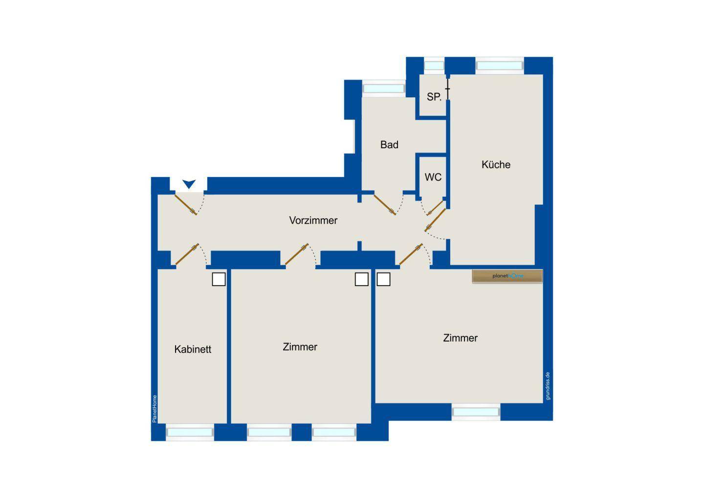 Grundriss einer Wohnung mit Vorzimmer, Küche, Bad, separatem WC und mehreren Zimmern sowie einem Abstellraum.