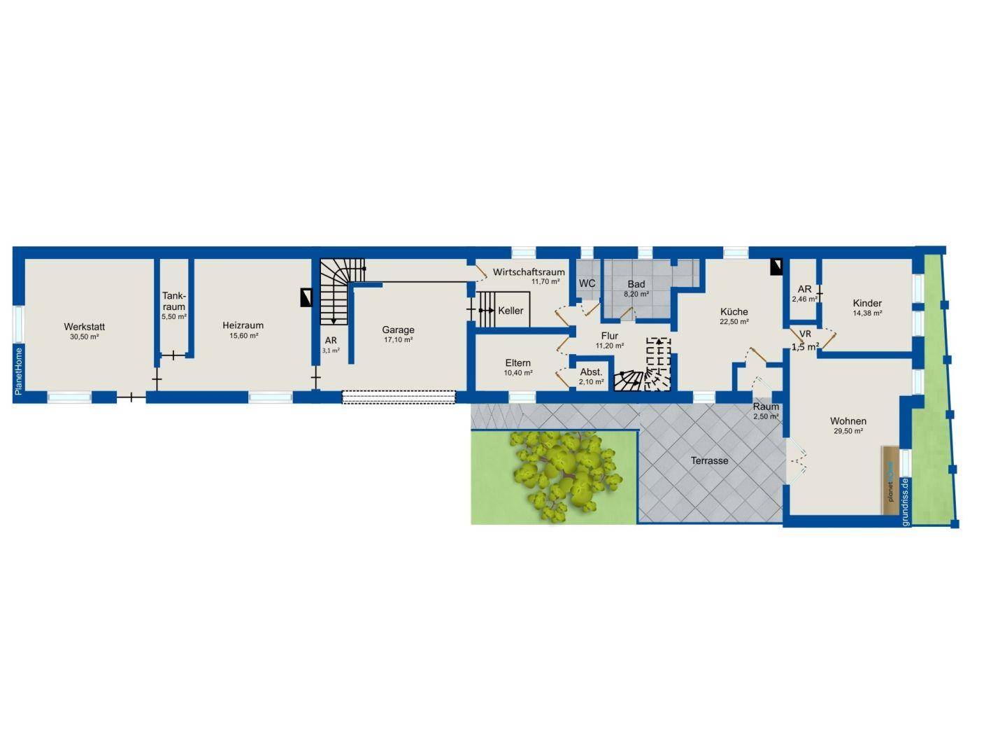 Grundriss des Erdgeschosses mit Küche, Wohnzimmer, Schlafzimmern und Garage.