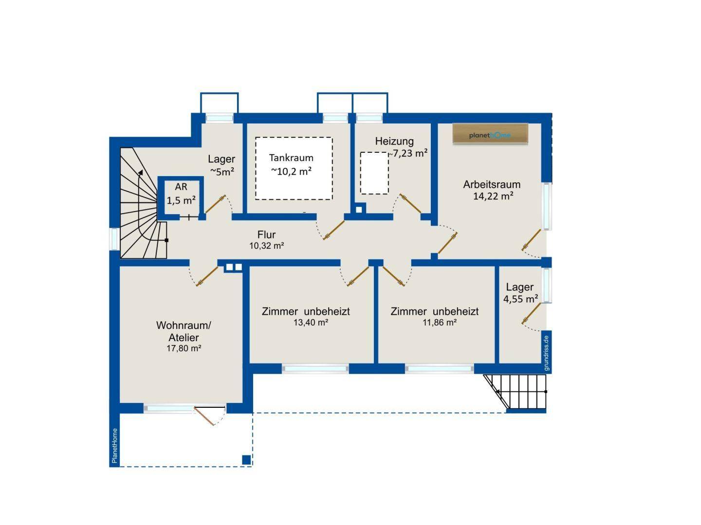 Grundriss des Untergeschosses mit Wohnraum/Atelier, Heizungsraum, Tankraum, Arbeitsraum und weiteren unbeheizten Zimmern.