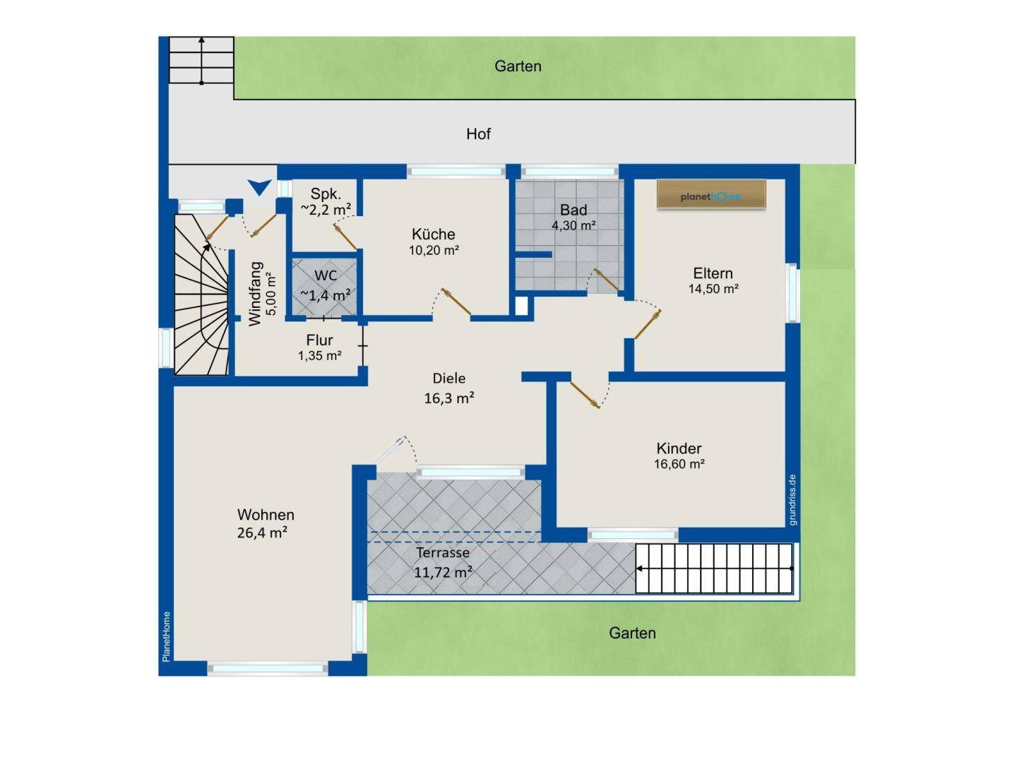 Grundriss des Erdgeschosses mit Wohnzimmer, Küche, Bad, WC, zwei Schlafzimmern und Terrasse zum Garten.