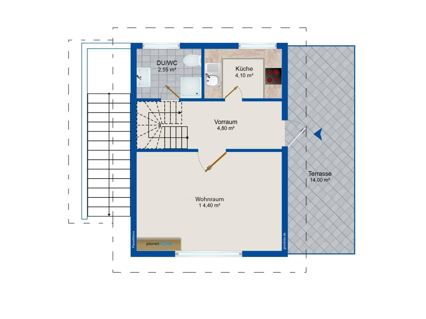 Grundriss des Erdgeschosses mit Wohnraum, Küche, Bad und Terrasse.