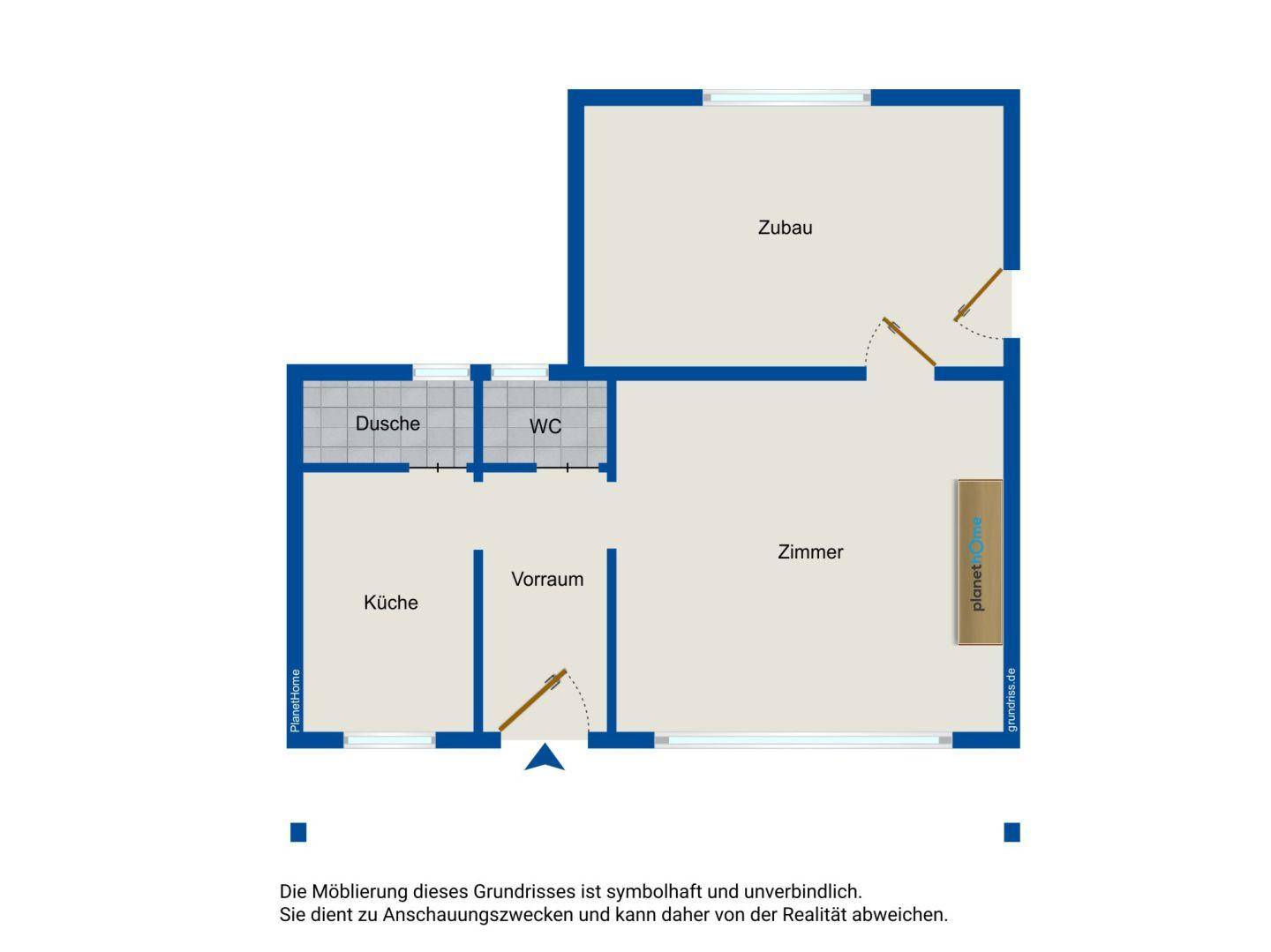 Grundriss der Immobilie mit Zimmer, Küche, Dusche und WC.