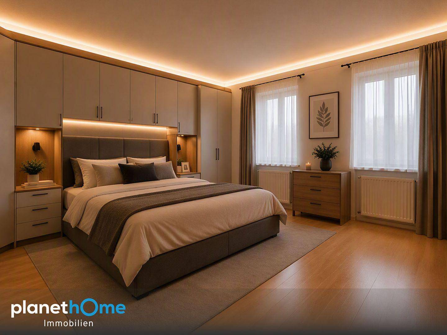 Modernes Schlafzimmer mit großem Bett, Einbauschränken und indirekter Beleuchtung.