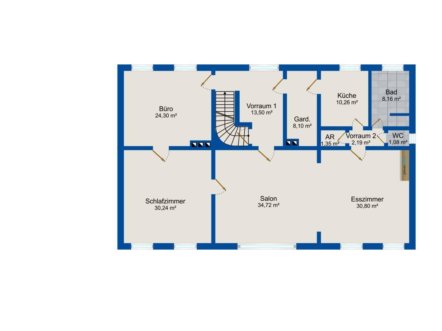 Grundriss eines Obergeschosses mit Schlafzimmer, Büro, Esszimmer und Bad.