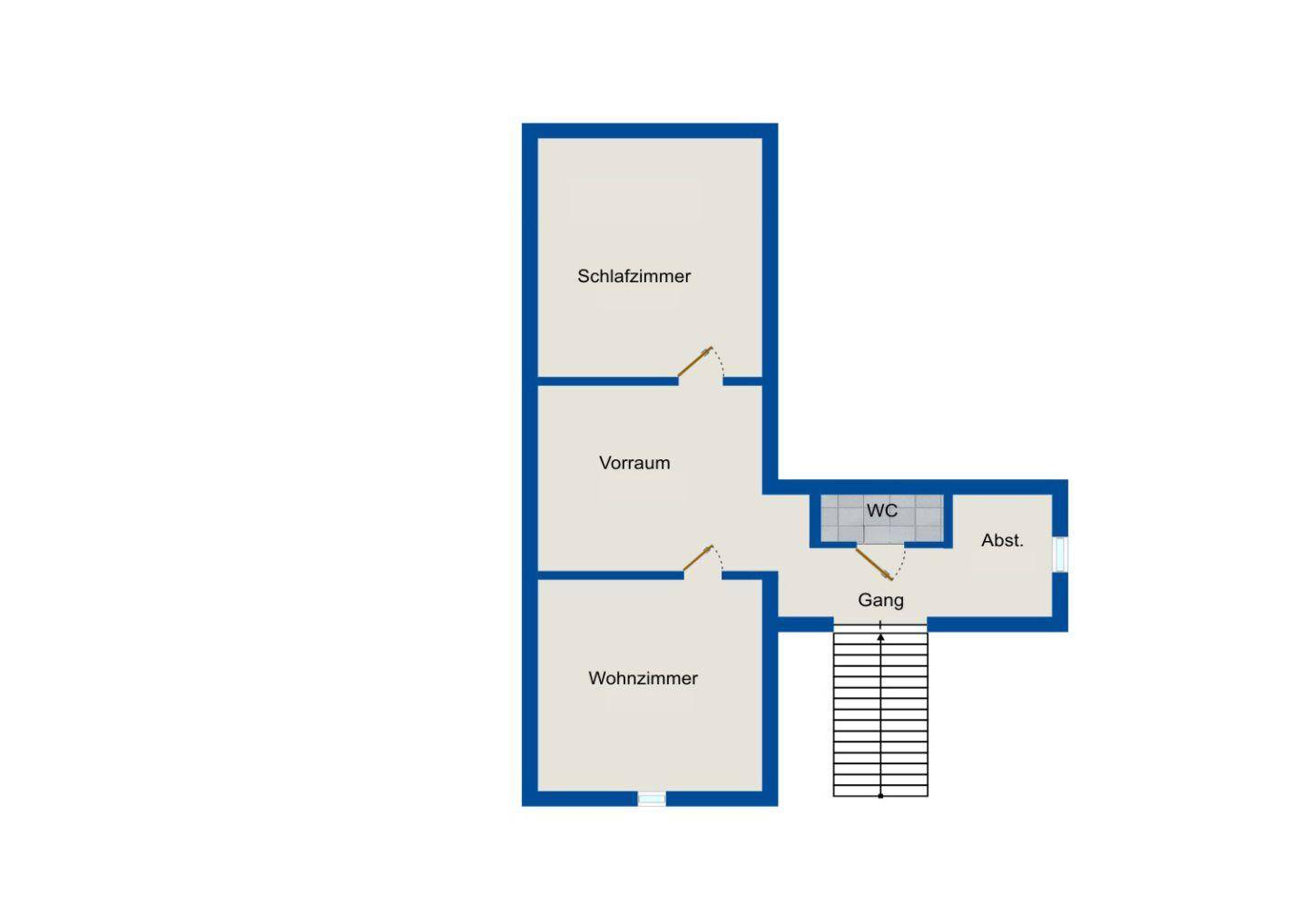 Grundriss des Obergeschosses mit Schlafzimmer, Wohnzimmer, Vorraum, WC, Abstellraum und Treppe.